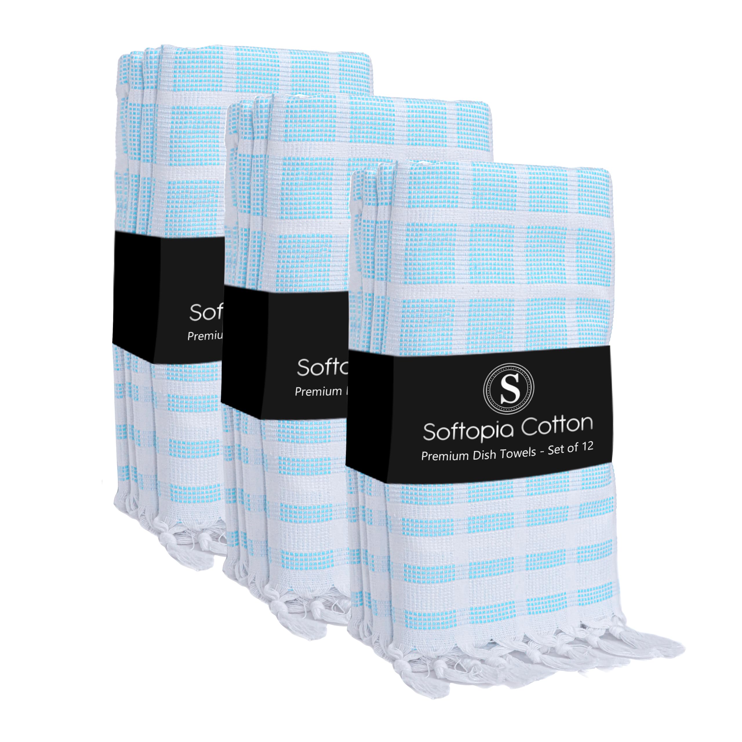 Matrix Dobby Kitchen Towels 12 Pack, 100% Cotton, 16x26 Inches, Handmade Knotted Tassel Tea Towels, Reusable &amp; Absorbent Wash Rags for Drying and Cleaning - Aqua Blue, White