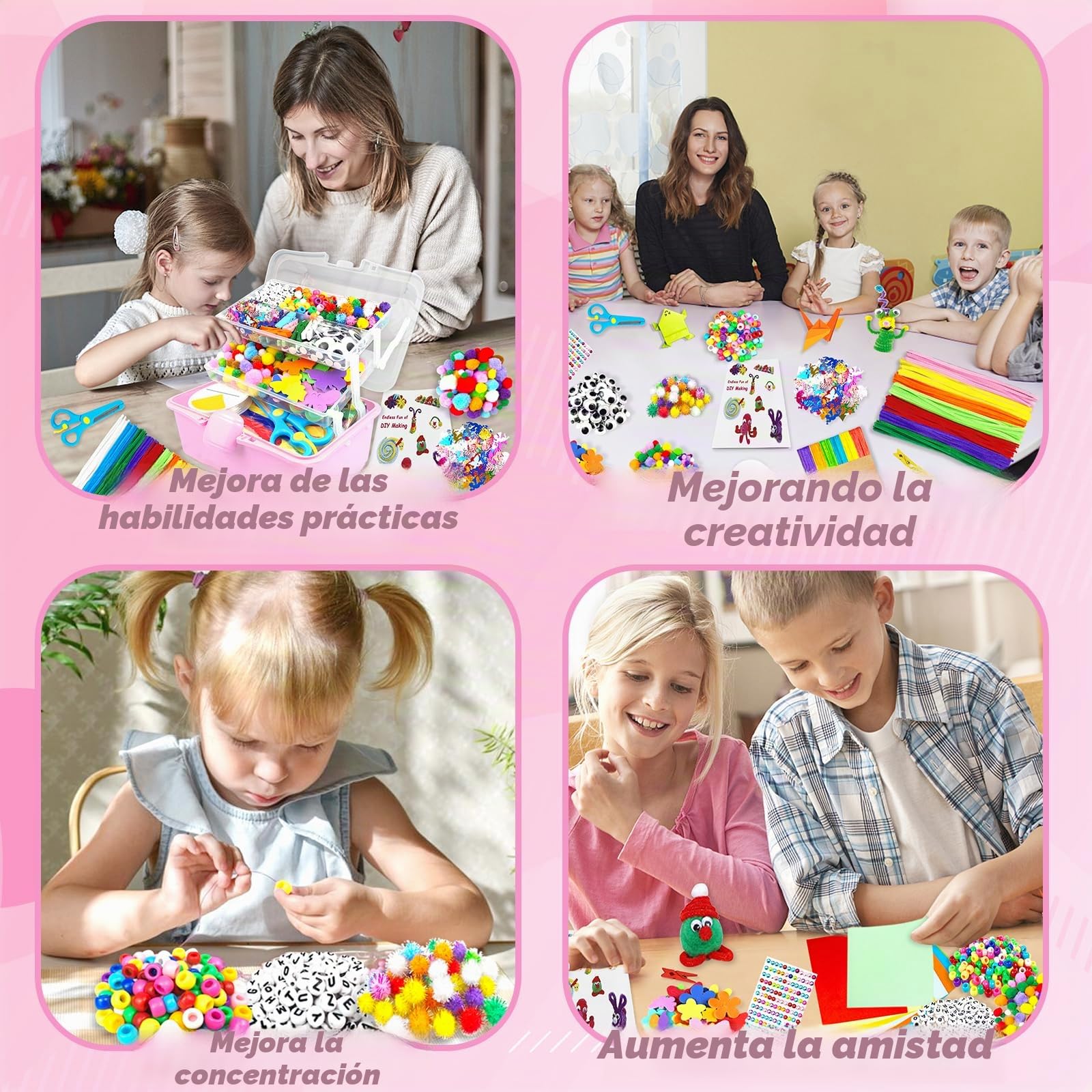BNUZEIYI Manualidades Niños Caja de Manualidades de 3 Capas con Limpiapipas DIY Creativo Arts Crafts Supplies Material Escolar Juguetes Regalos Niñas Niños 4-8, 8-12 Años, Rosa