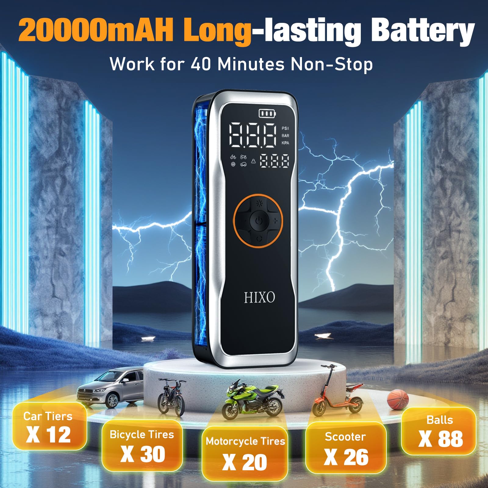 Compresor de aire portátil inflador de neumáticos, bomba de aire inalámbrica para neumáticos de coche con batería de 20000 mAh y 12 V CC, inflador rápido de neumáticos de 150 PSI con manómetro digital