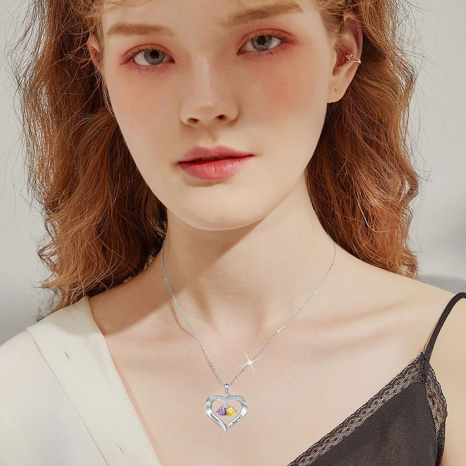 10K/14K/18K Gold Real Diamond Personalized Heart Birthstone Mom Necklace 2 Birthstones Custom Engraved 2 Names Necklace Mother's Day Jewelry Gift - Image 4