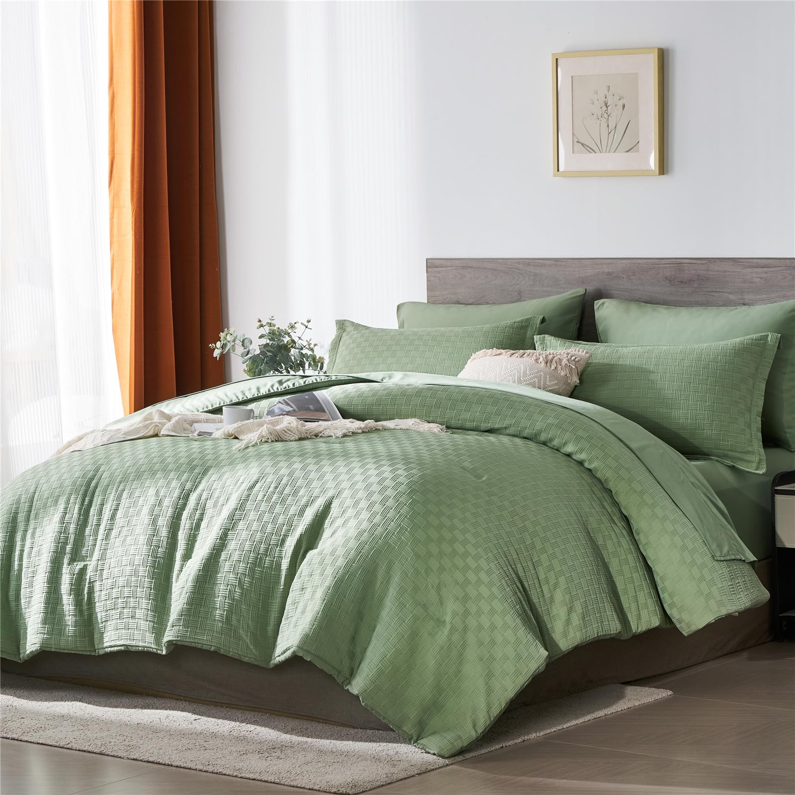KAKIJUMN Sage Green Comforter Set Queen Size, 7 Piece Bed in a Bag Waffle Weave Textured Comforter, All Season Soft Microfiber Complete Bedding Set(Green,Queen)
