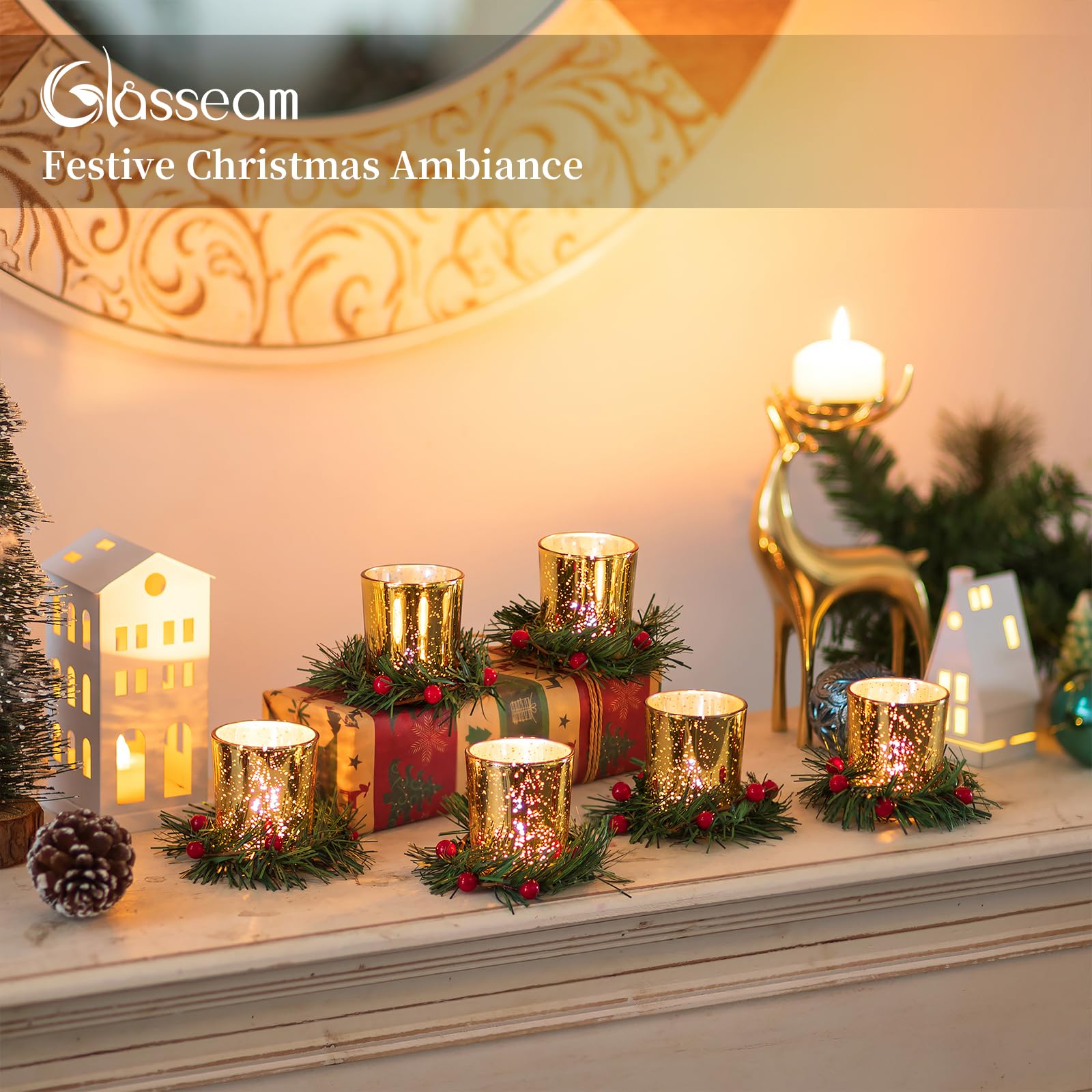 Glasseam Christmas Candle Holder Glass: Tea Light Candle Holders Gold with Candle Wreath Ring Set of 6 Tealight Holders for Christmas Table Decoration Votive Candle Holder for Centrepiece Home Decor - Image 4