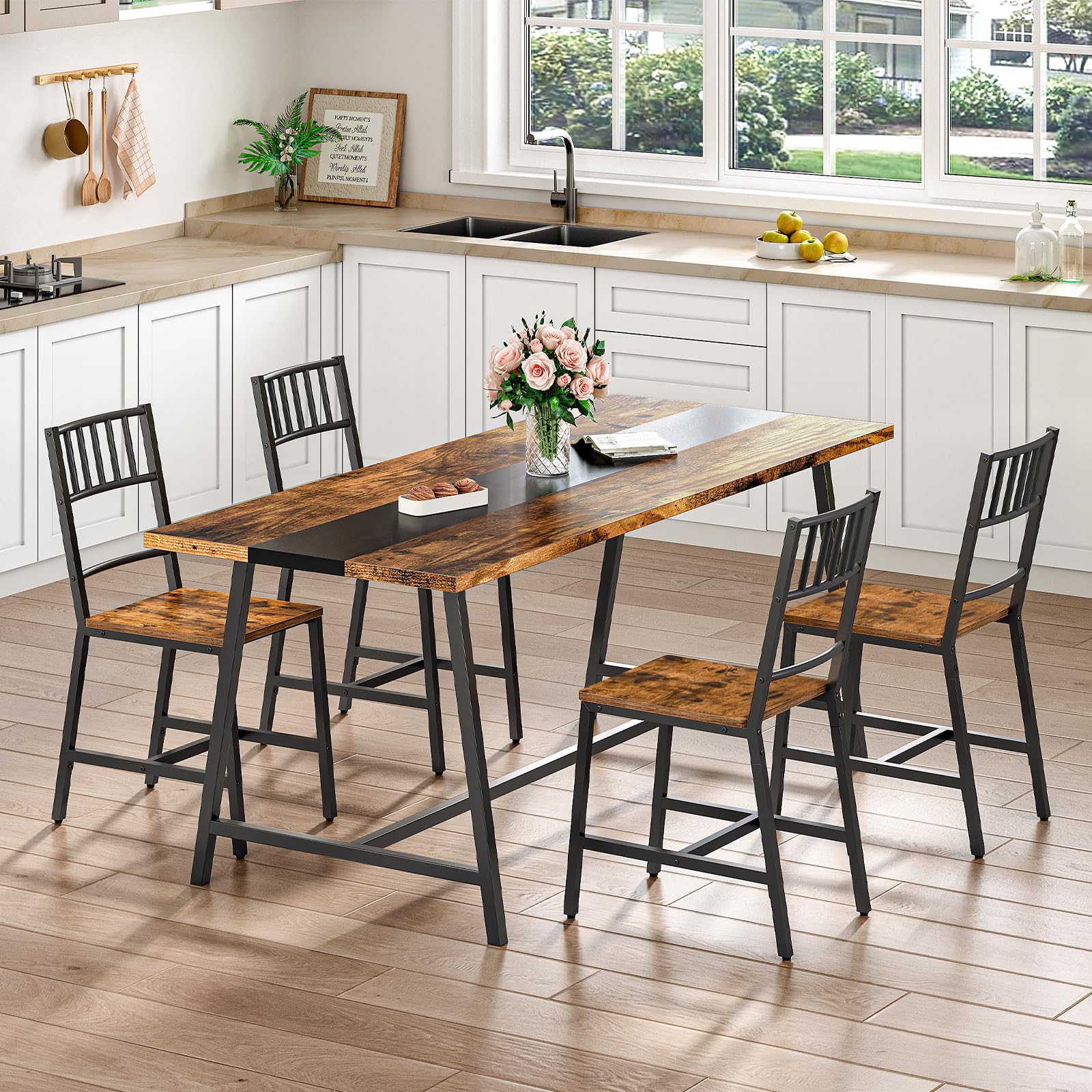 Juego de 2 sillas de cocina de madera con marco de metal, sillas de comedor con respaldo, fáciles de montar, sillas de comedor de granja para cocina, sala de estar, marrón rústico y negro 2