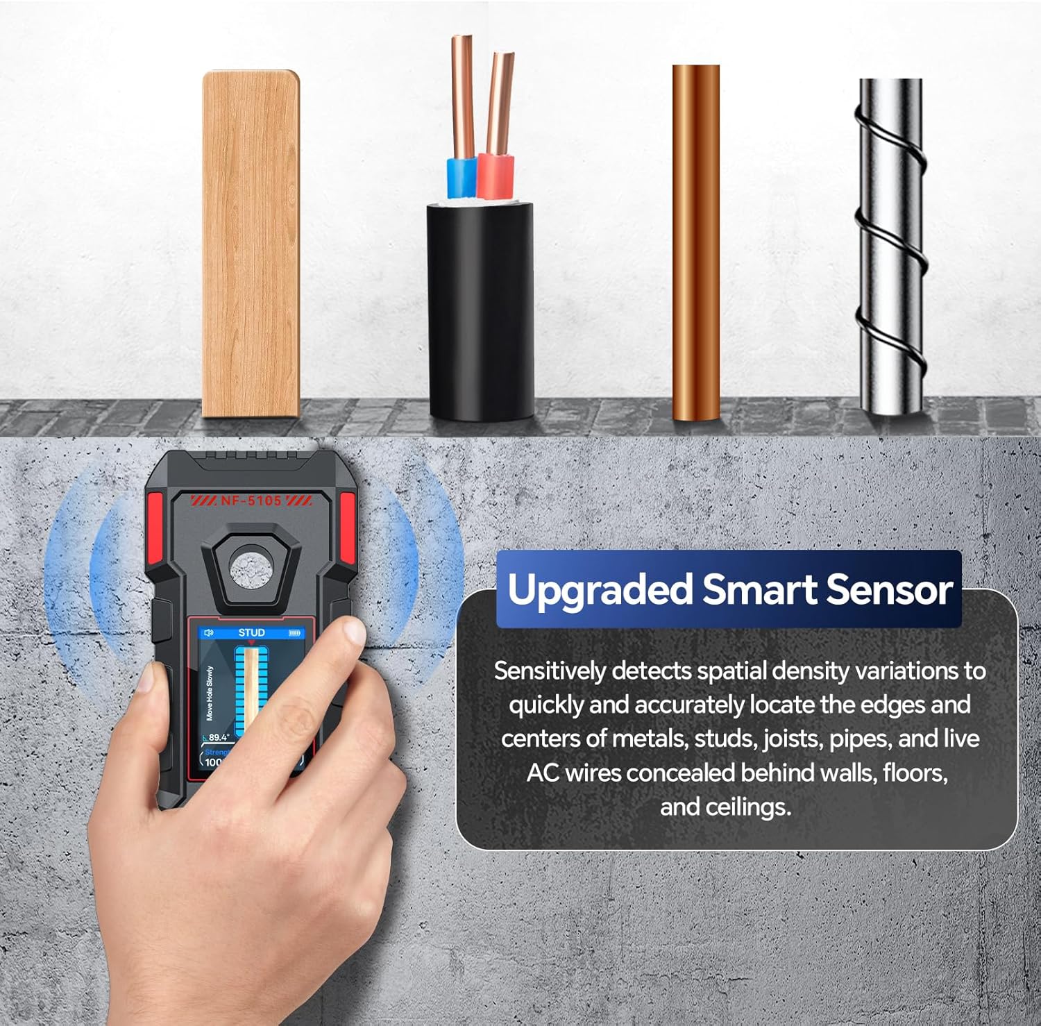 NOYAFA Stud Finder Wall Scanner - 6 in 1 Rechargeable Electronic Wall Detector with HD LCD Display and Audio Alarm,Positioning Hole for Accurate Positioning of Wood,Metal Studs, AC Wires,Joists,Pipes