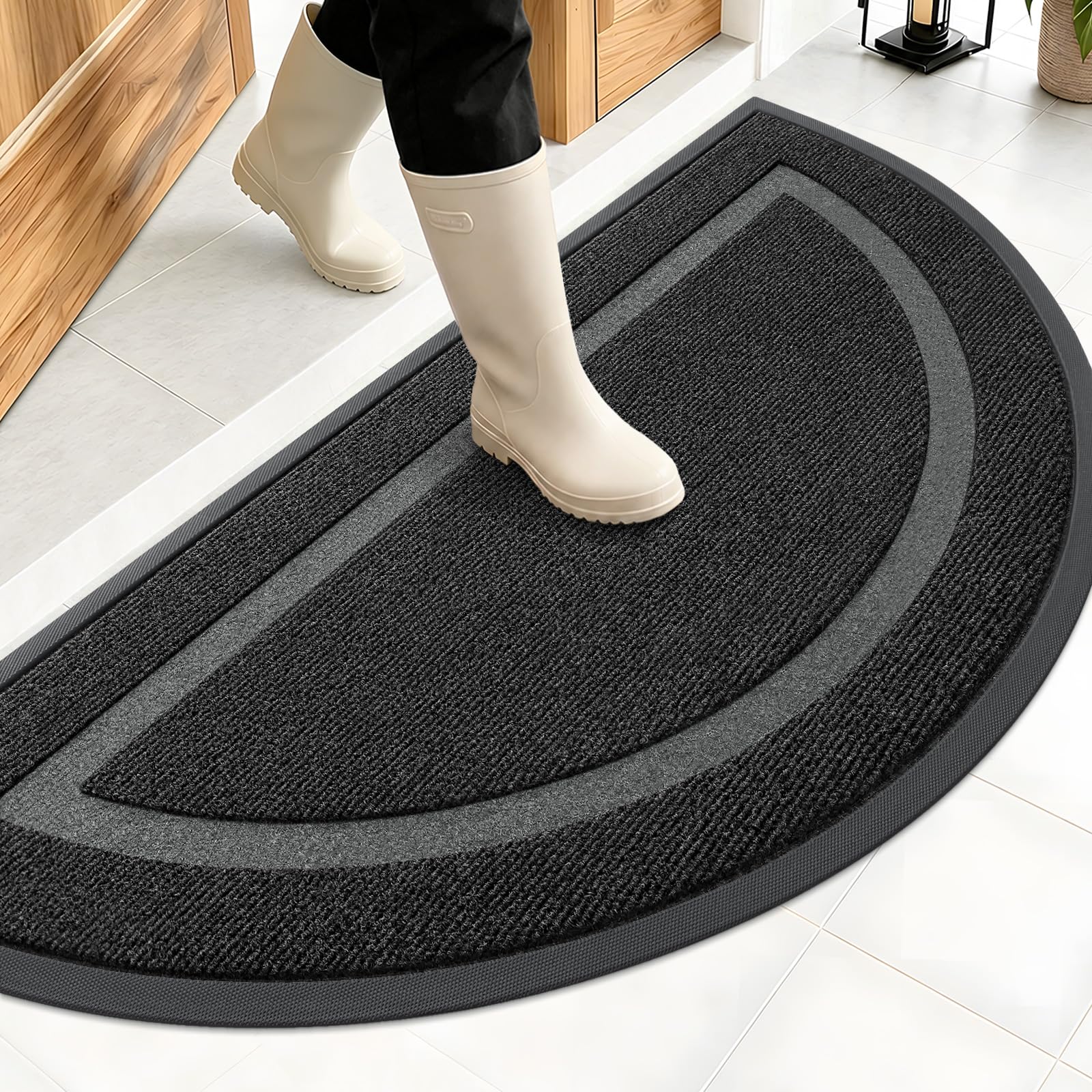 OLANLY Half Circle Front Door Mat Outside 47x23 All-Season Rubber Doormat | Black, Absorbent, Heavy-Duty, Stain and Fade Resistant, Waterproof Non-Slip Backing, Low-Profile Indoor Outdoor Entryway Mat