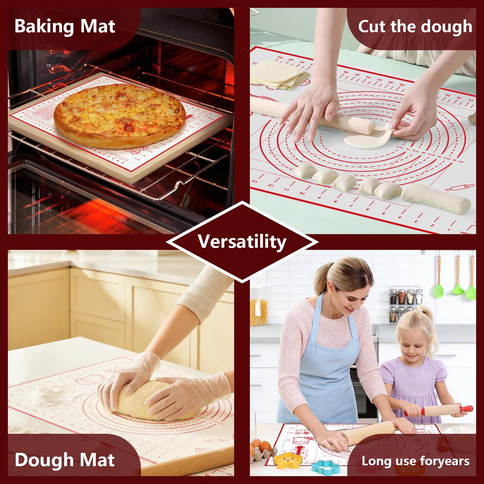 Tapete de silicona para hornear repostería de 40.6 x 61.0 cm, grande, antiadherente, antideslizante, con marcas de medición para amasar, pasteles, pizzas, galletas, fondant, cocina