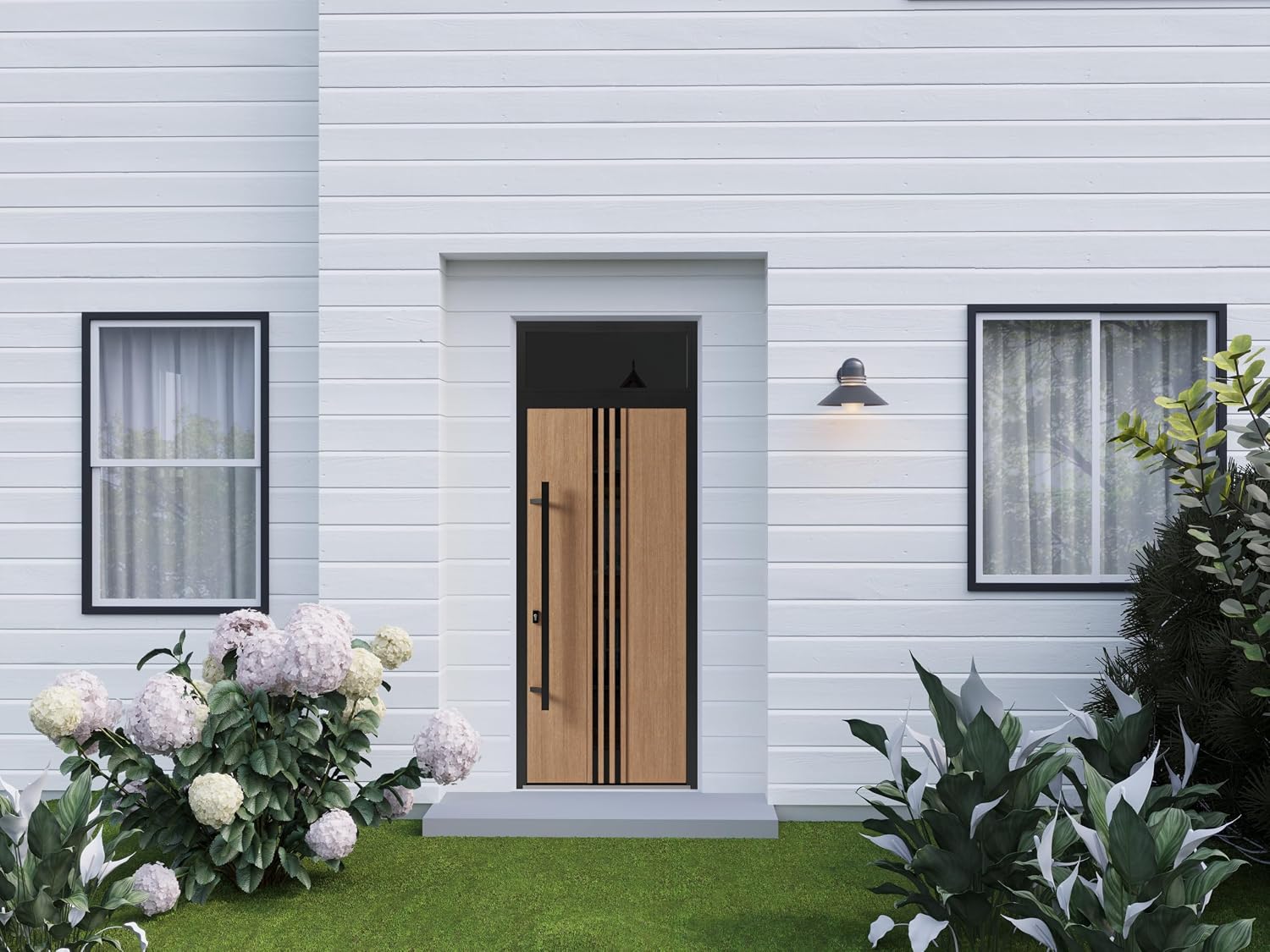 VDOMDOORS Front Exterior Prehung Steel Door/Ronex 1055 Teak/Top Exterior Window Sidelite/Entry Metal Modern Painted W36 x H80+16" Right Hand Inswing