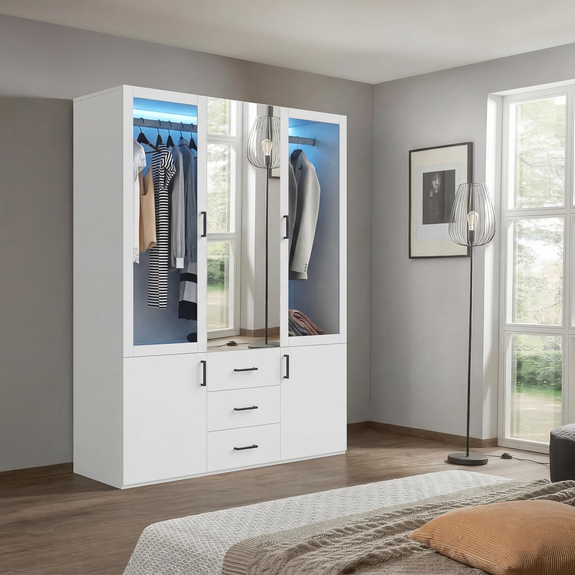 Armadio Guardaroba 4 Ante con 3 Cassetti e LED, Armadio Camera Da Letto Bianco, Mobile Con Appendiabiti, Armadio Moderno Salvaspazio, Armadio Guardaroba con Specchio
