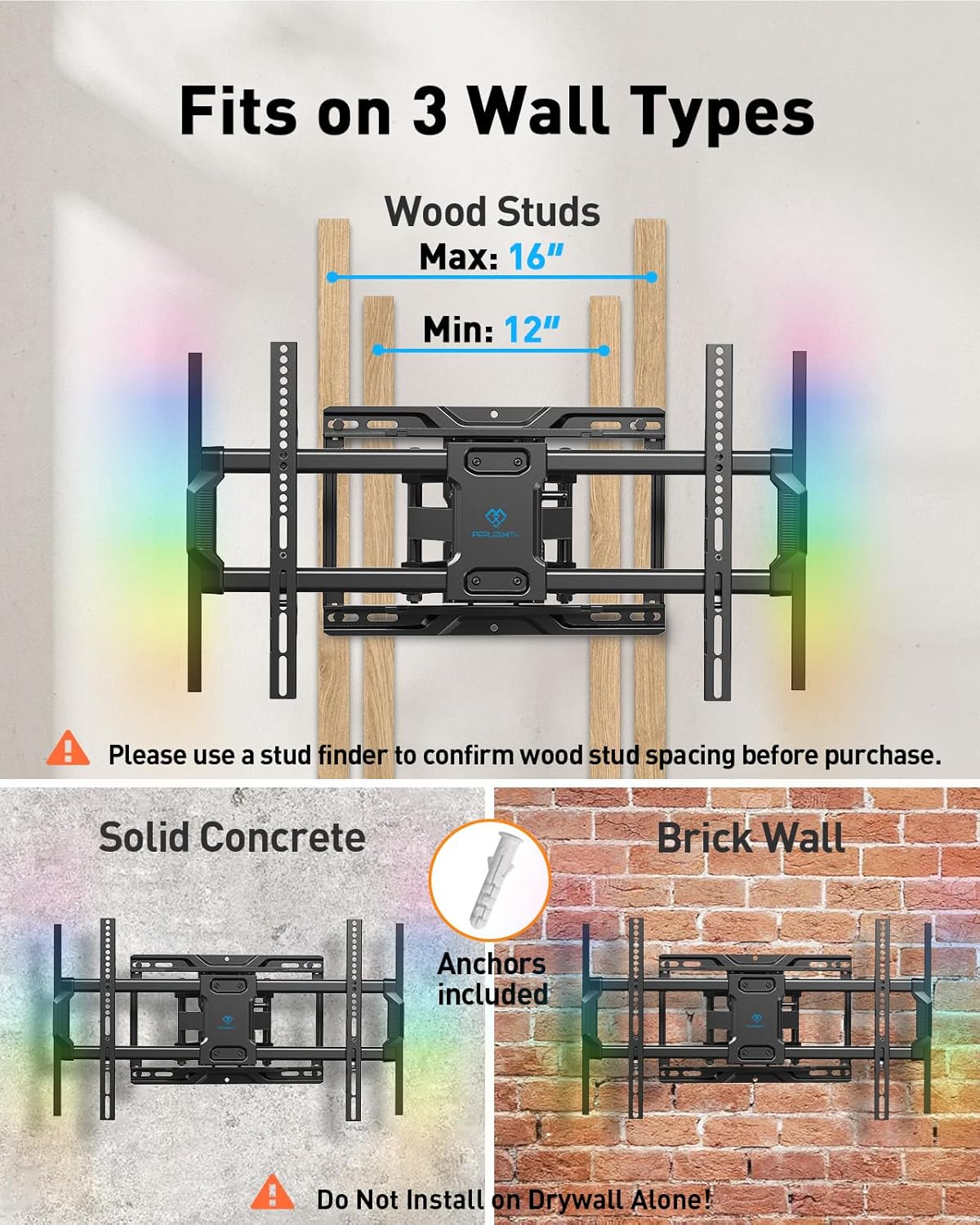 PERLESMITH Full Motion TV Wall Mount with LED Lights for 37-86 Inch TVs up to 132lbs, Backlit TV Mount Bracket with Music Sync, Extension Swivel Tilt level, Max VESA 600x400mm, Fits 16"/12" Wood Studs