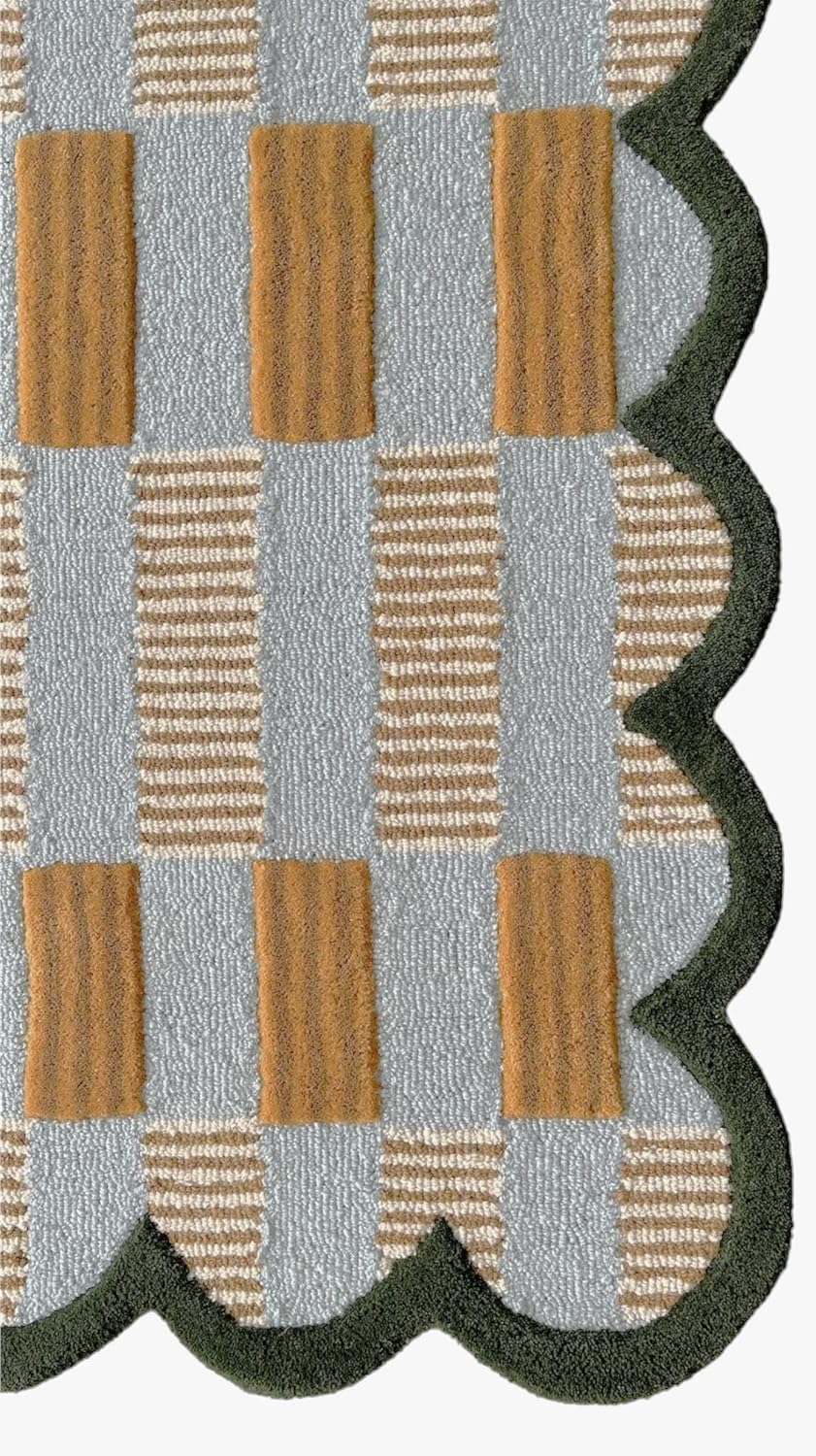 Matilda Goad Plaid Scallop Wool Hand Tufted Area Rug, Luxurious Designer, Anro Irregular Cozy Soft Area Rug for Bedroom, Living Room or Hallway| Handmade Modern Accent Rug (Light Blue, 4x6) 4' x 6' (Rectangular) Blue