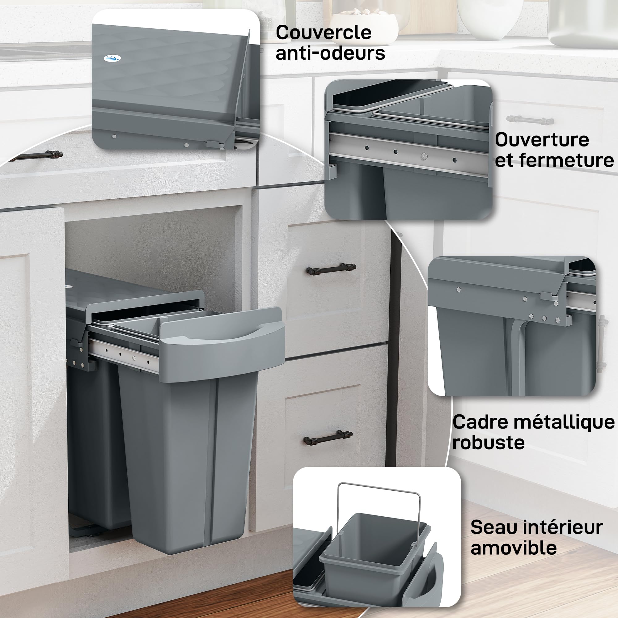 HOMCOM Poubelle Cuisine Coulissante Encastrable 30L Couvercle Motif Losange | 2 Compartiments Amovibles, Poubelle Sous Évie, Coulissement Fluide, Poignée, pour Déchets Recyclage