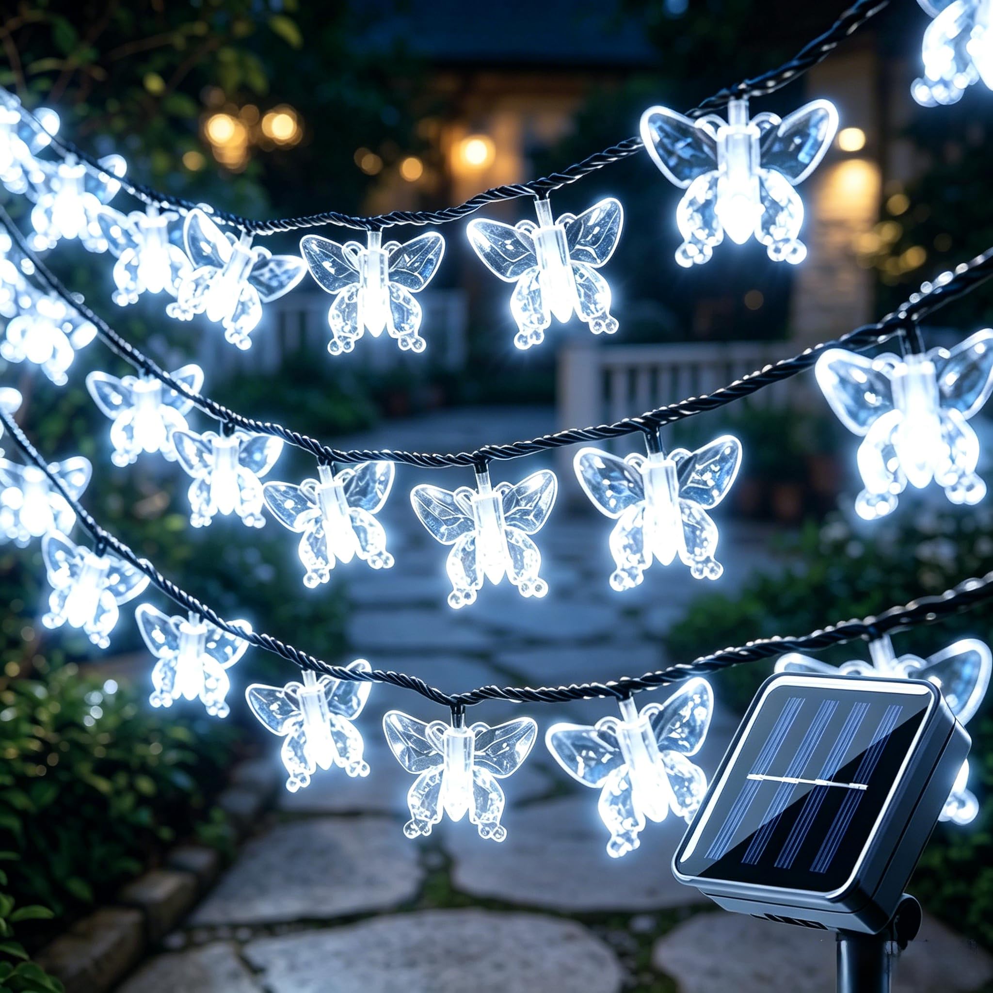 VEROHY Butterfly String Lights Outdoor Solar Powered 30 LED 6.5M，White