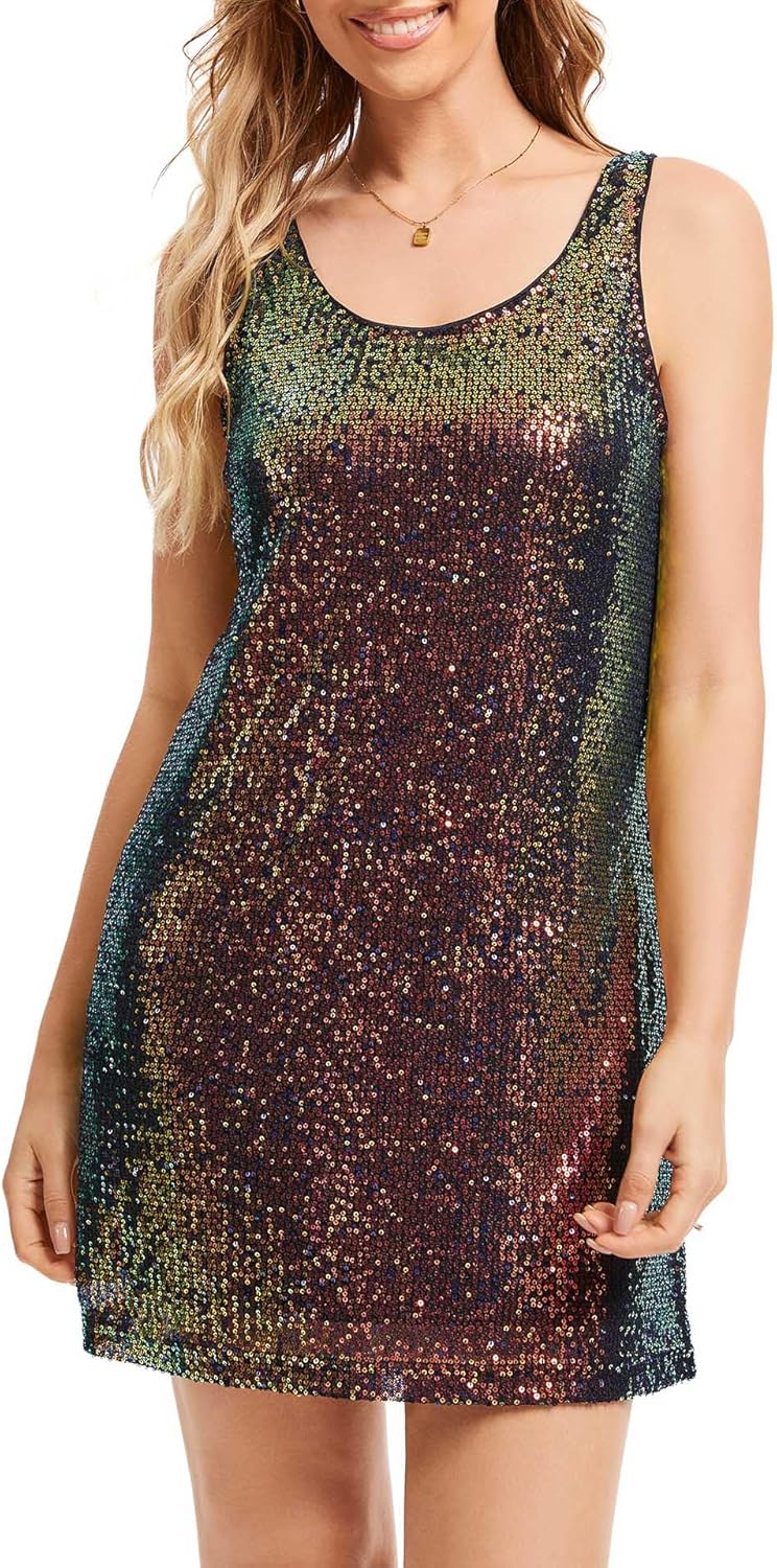 Ainuno Sequin Dress for Women,Sparkly Sleeveless Tank Dresses Sexy Metallic Party Outfit - Image 3