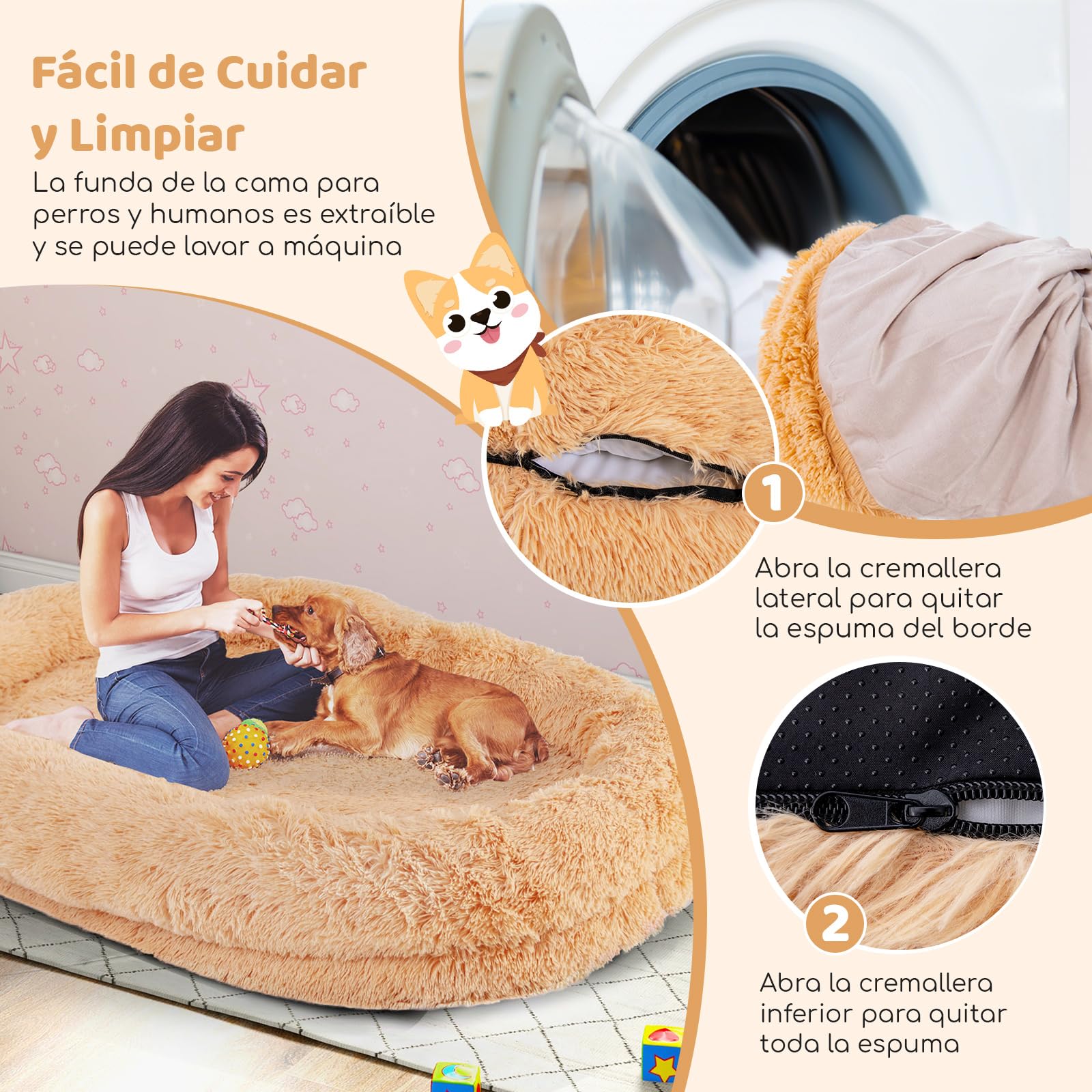 COSTWAY Cama para Mascotas y Personas, Cama Perro para Siesta Lavable y Esponjosa de Piel, con Correas de Almacenamiento, Funda Desmontable, Almohada Regordeta, para Personas, Mascotas