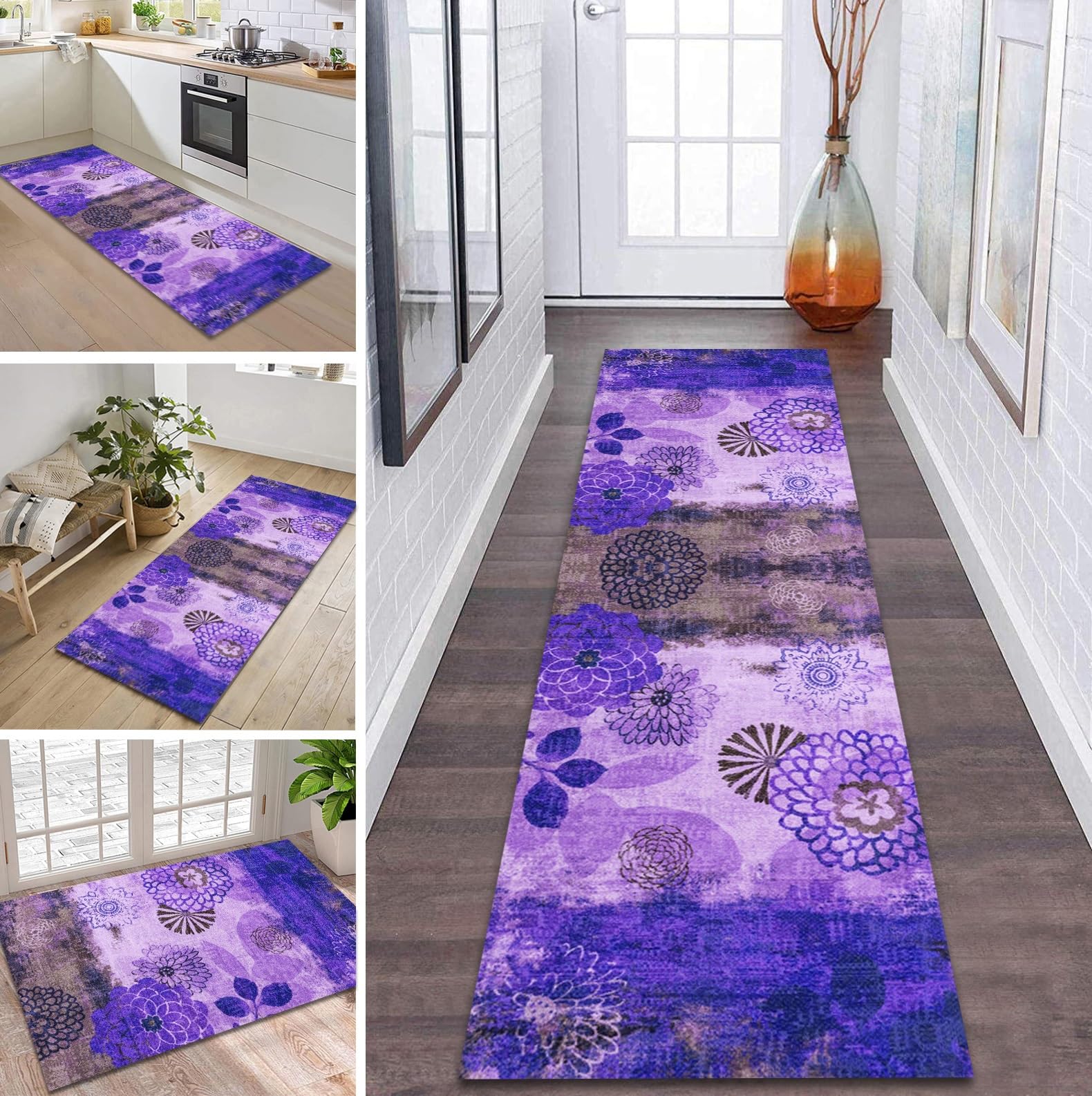 ZDYHMrj Rug Runner Hallway Kitchen Non-Slip Washable Hallway Runner Long 60 x 140 cm Kitchen Runner Purple Rug Mat Sold by the Metre Bed Rug for Hallway Dining Room Bedroom Living Room Dirt Trapper