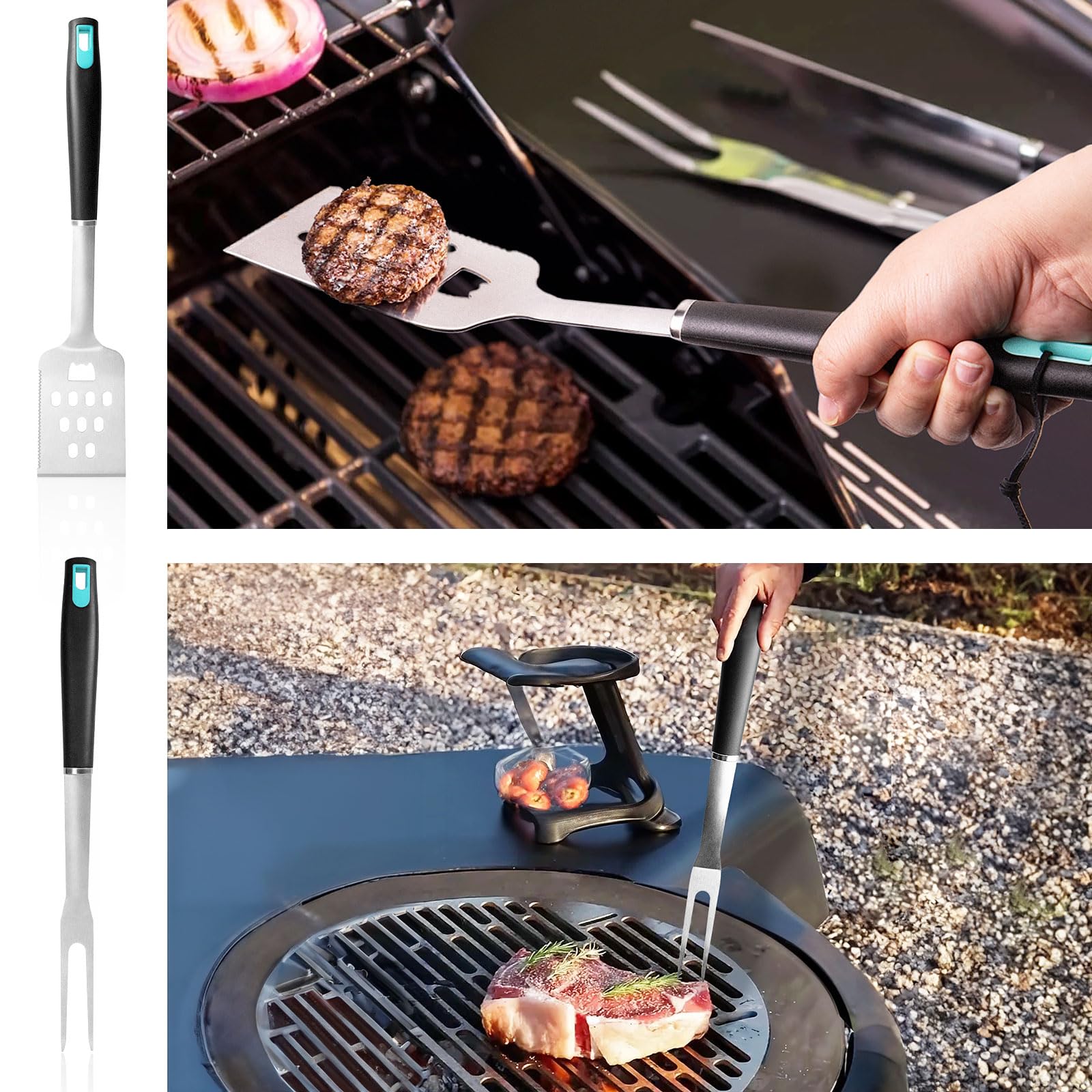 XSSIVE Juego de 5 herramientas para barbacoa con bolsa de almacenamiento, espátula, tenedor, pinzas, cepillo para untar y limpiador para cocinar al aire libre
