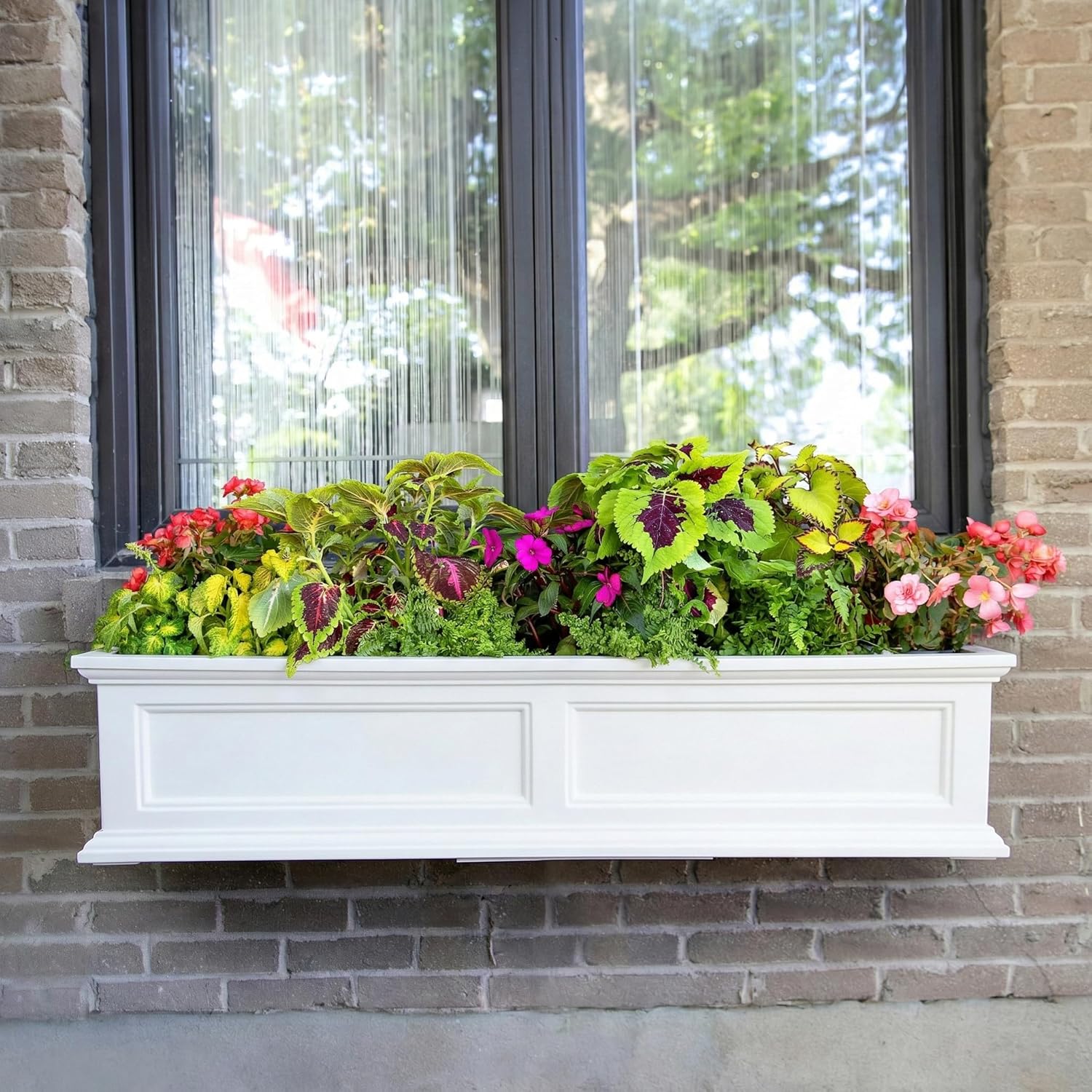 Mayne Fairview 4ft Durable Self Watering Window Box Planter with Wall Mount Brackets, UV & Weather Resistant, Double Wall Design, New England Architecture for Outdoor Décor, White