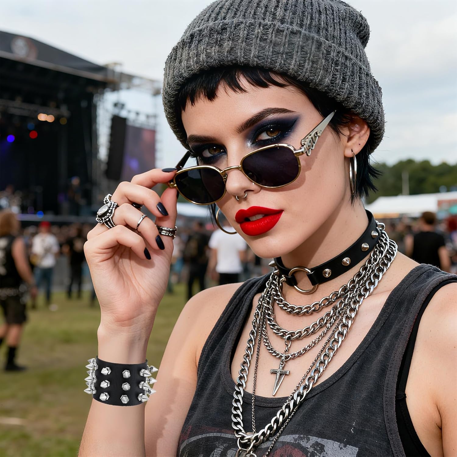 2 Pcs Studded Bracelet Gothic Punk Rock Spiked Bracelets Exaggerated Black Leather Rivet Wristband Adjustable Wrap Wide Strap Button Metal Wristband for Halloween Party Decor Men Women - Image 5