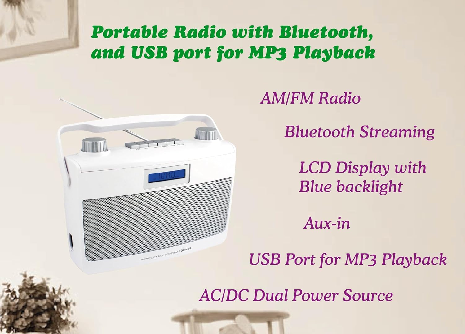 HANNLOMAX HX-500R Portable AM/FM Radio, Bluetooth, USB Port for MP3 Playback, Aux-in, AC/DC Dual Power Source. (White) - Image 2