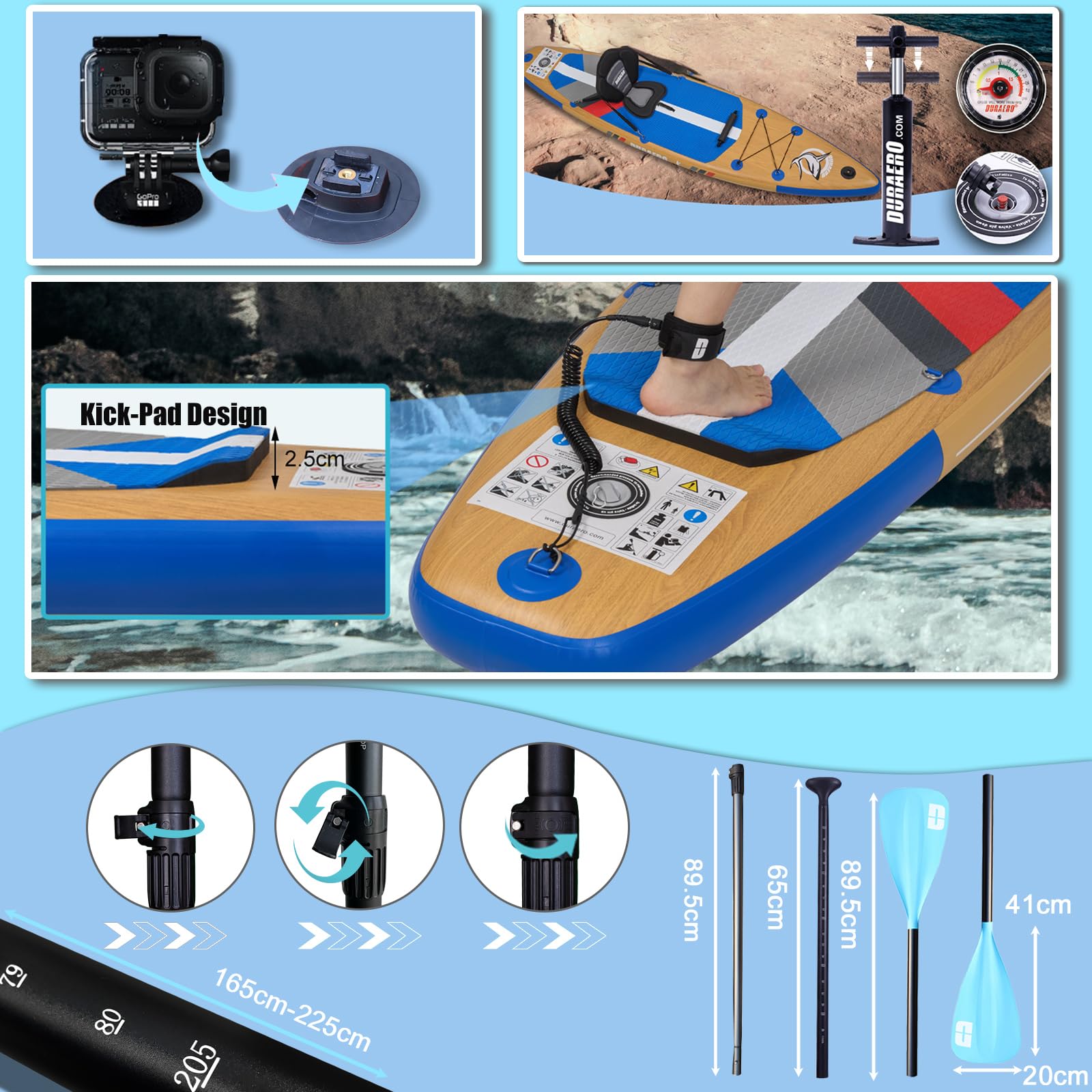 DURAERO Tavola SUP gonfiabile XXL 330cm, stand up paddle con sedile kayak e poggiapiedi, pagaia doppia, supporto fotocamera, accessori completi, portata 150 kg, effetto legno