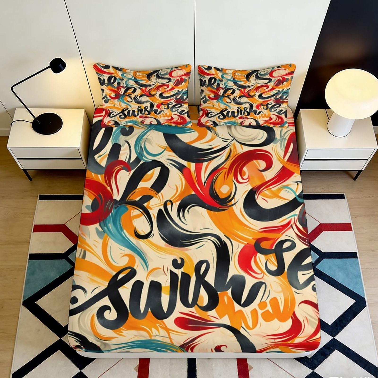 3D Printed Graffiti Art Fitted Sheet Microfiber Vibrant Swirl Letter Mattress Cover for Bedroom Dorm Decor 90x200x25cm