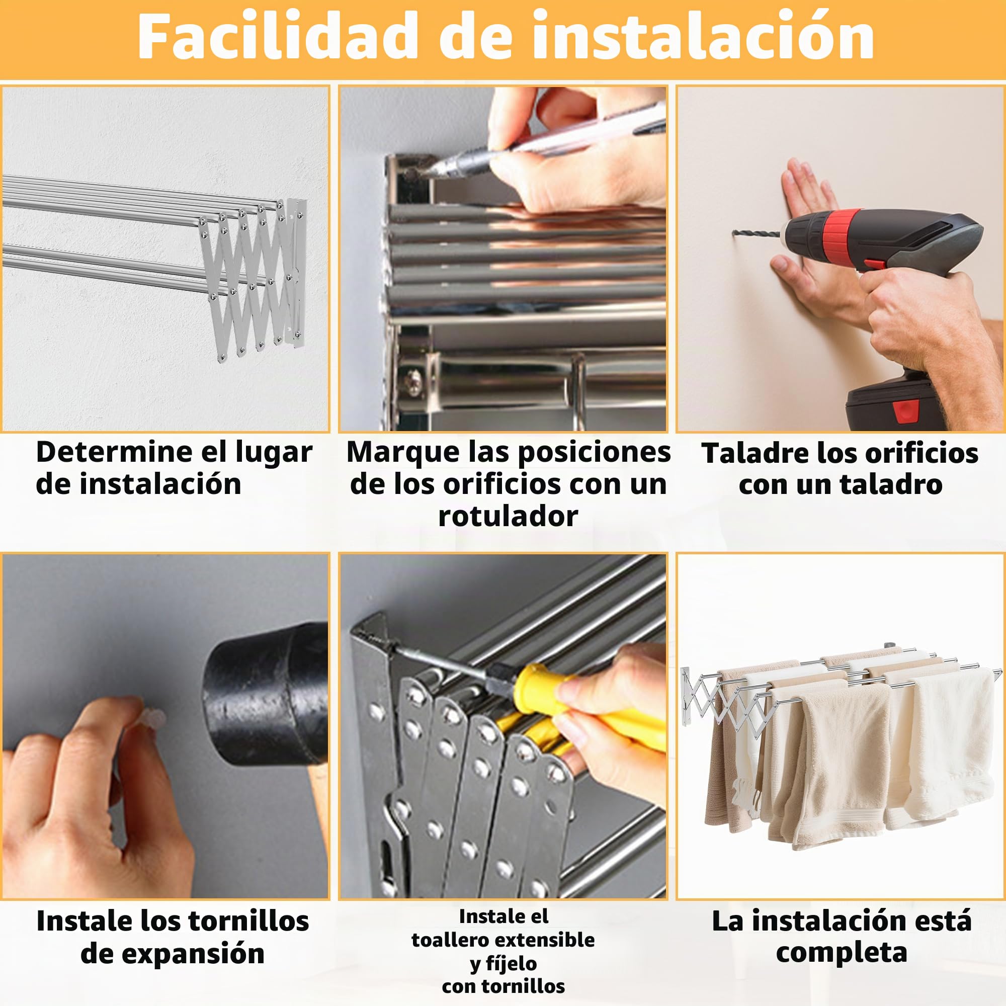 OUUTMEE Tendedero de pared de acero inoxidable extensible, área telescópica frontal y trasera: 12~68cm, con siete varillas de tracción, capacidad de carga 7.5kg (Plata)