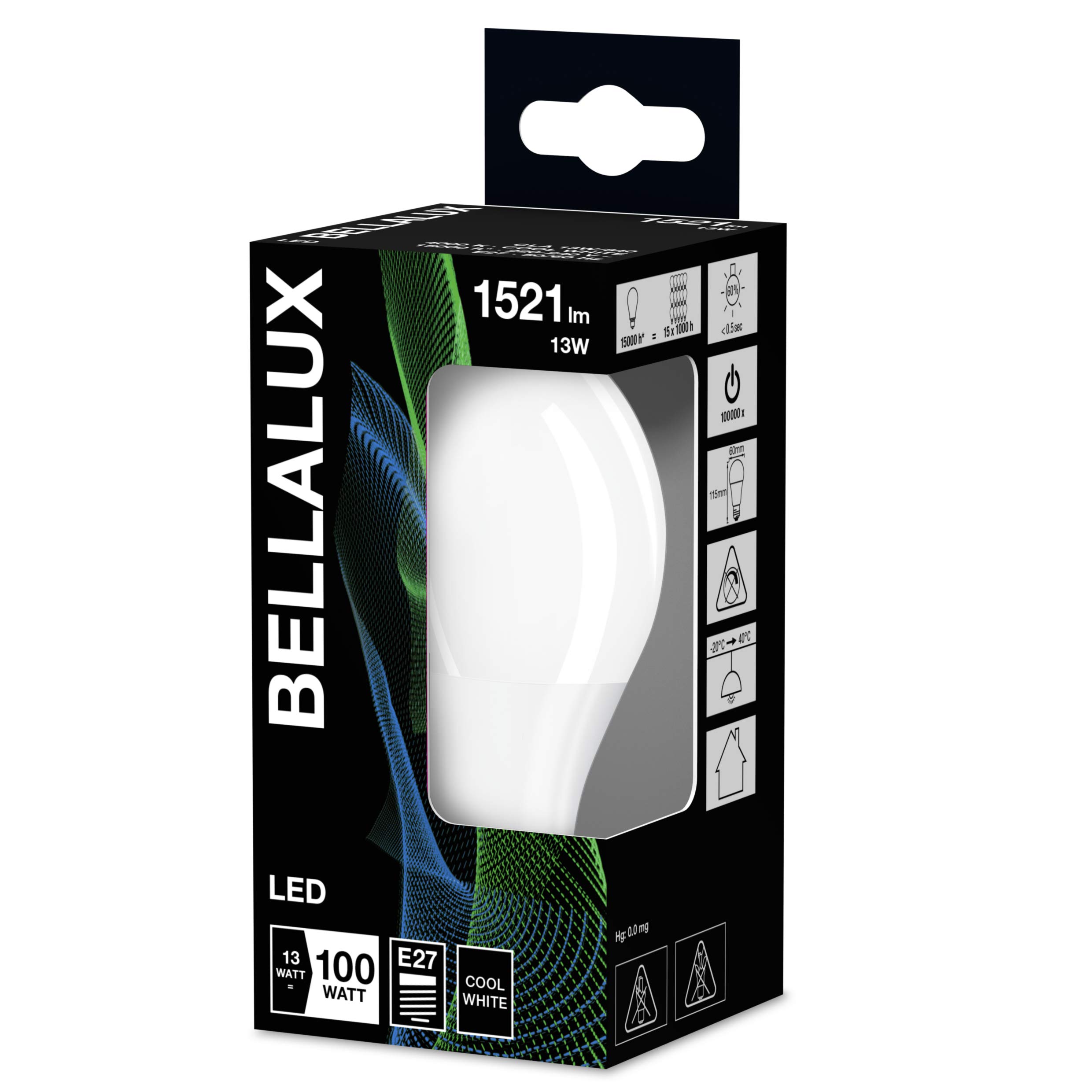 BELLALUX 4058075128422 Lampe LED | Culot: E27 | Blanc Froid | 4000 K | 13 W | Equivalence Incadescent : 100 W | Dépolie | Base CLAS A [Classe D'énergie Efficace A ], Verre