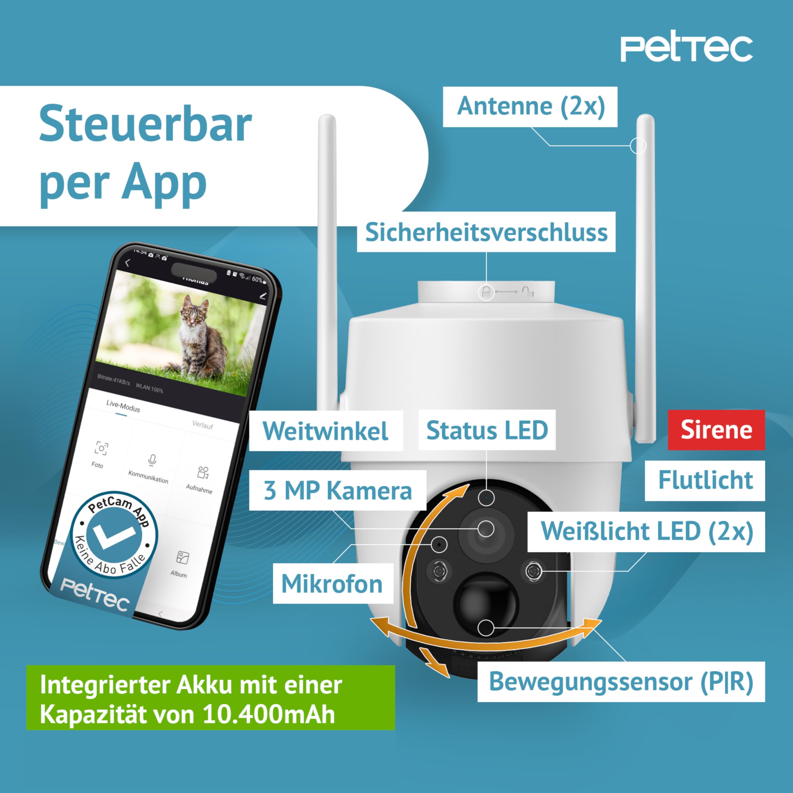 PetTec Solar Panel 4,4W für Überwachungskamera und Pet Cam mit LTE Weiß