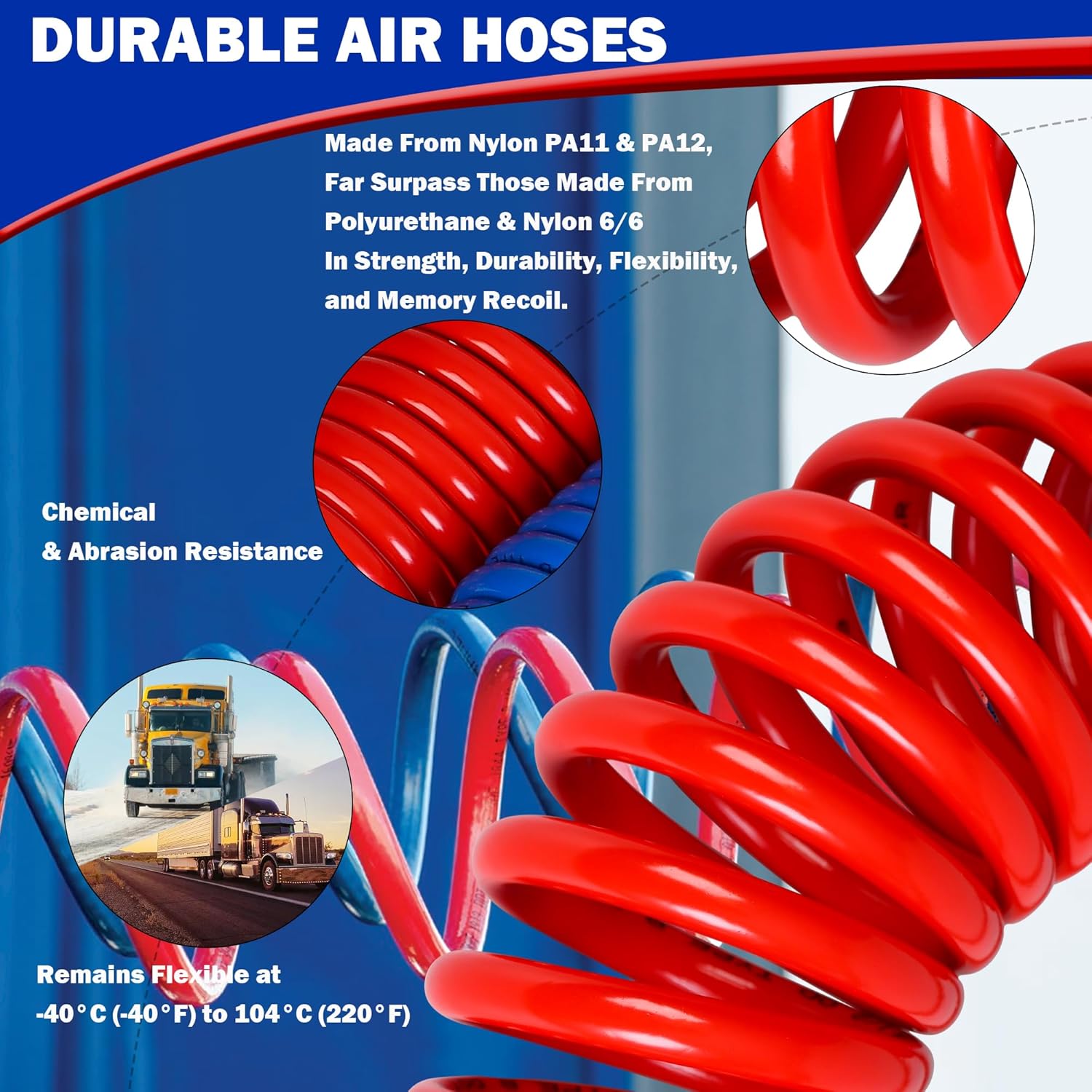 Coiled Air Set Line Assemblies,Red & Blue Truck Trailer Coiled Airline Kit for Semi Truck Tractor Trailer,1/2" NPT Fittings(12' Length：1 X 12 1 X 40 Leads