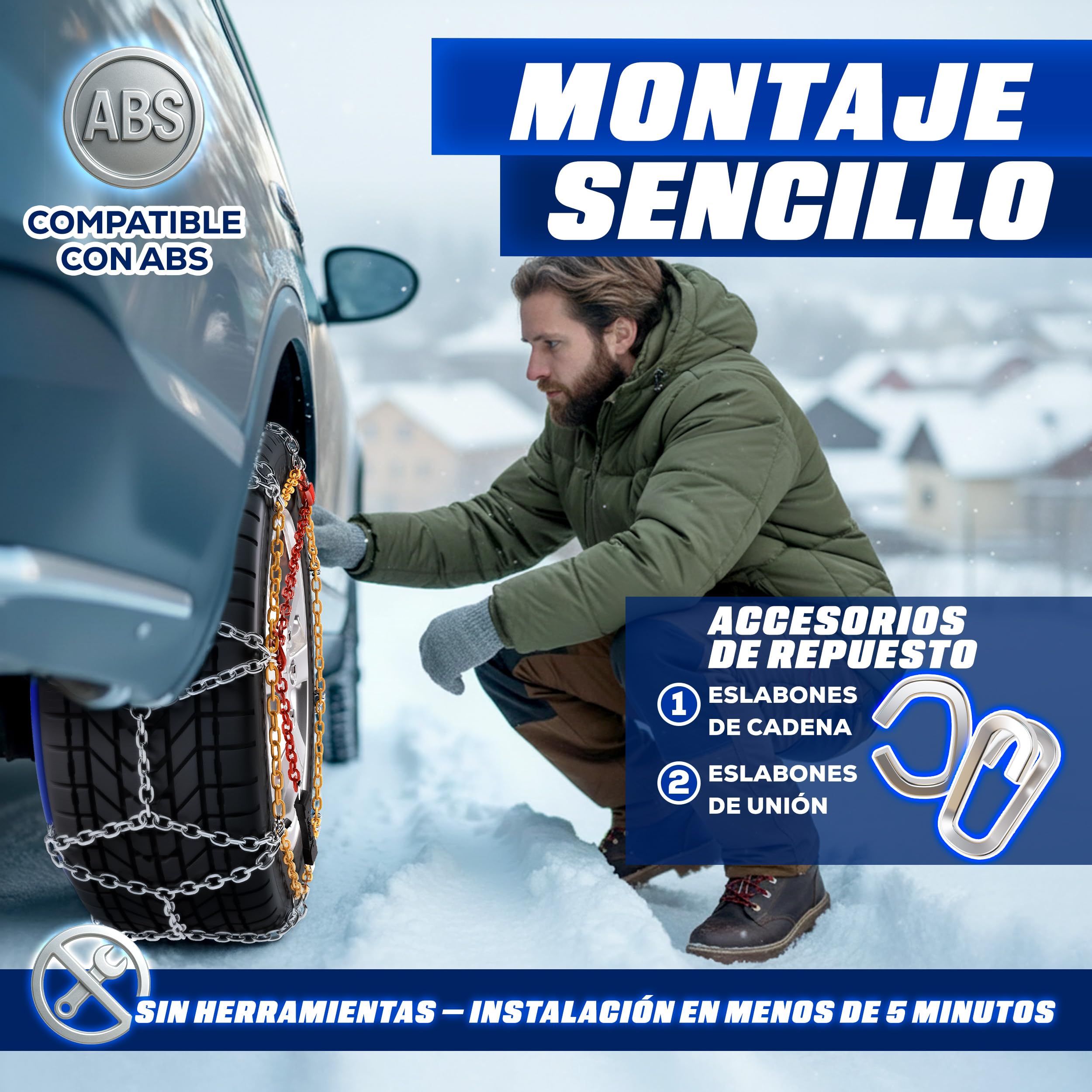 TRESKO 2x Cadenas de nieve para coche, incluye guantes y caja de almacenamiento, cadenas de neumáticos de metal para coches, cadenas de nieve EN 16662-1 & ÖNORM V5117 | Montaje rápido | para delantero
