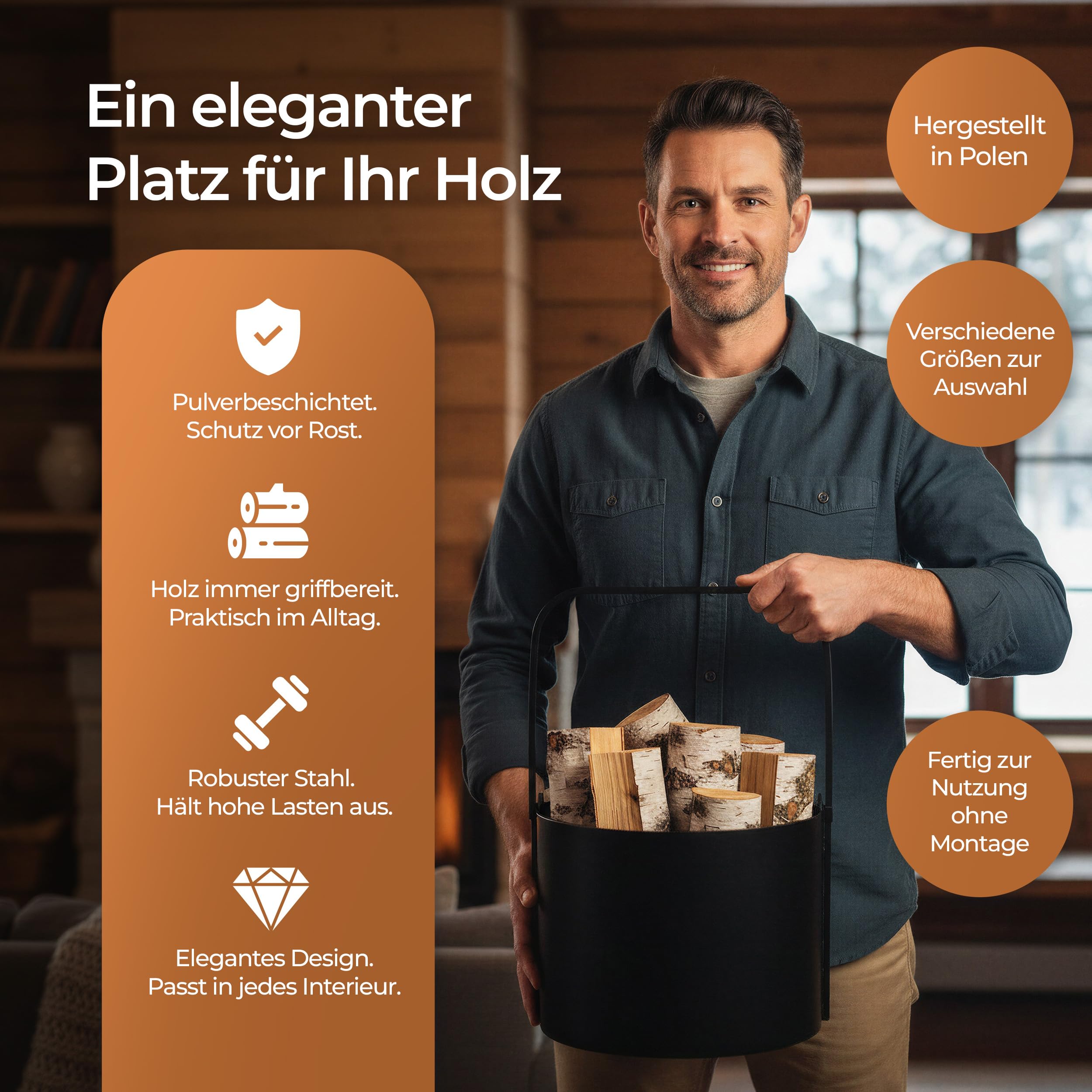 Kapaga - Holzkörbe, Kaminholzkorb aus Metall ⌀ 40 cm, Holzlager innen, Geschweißt - Sofort einsatzbereit, Pulverbeschichtet, Stabiler Holzständer, Feuerholzkorb, Faltbarer Korb mit Griff
