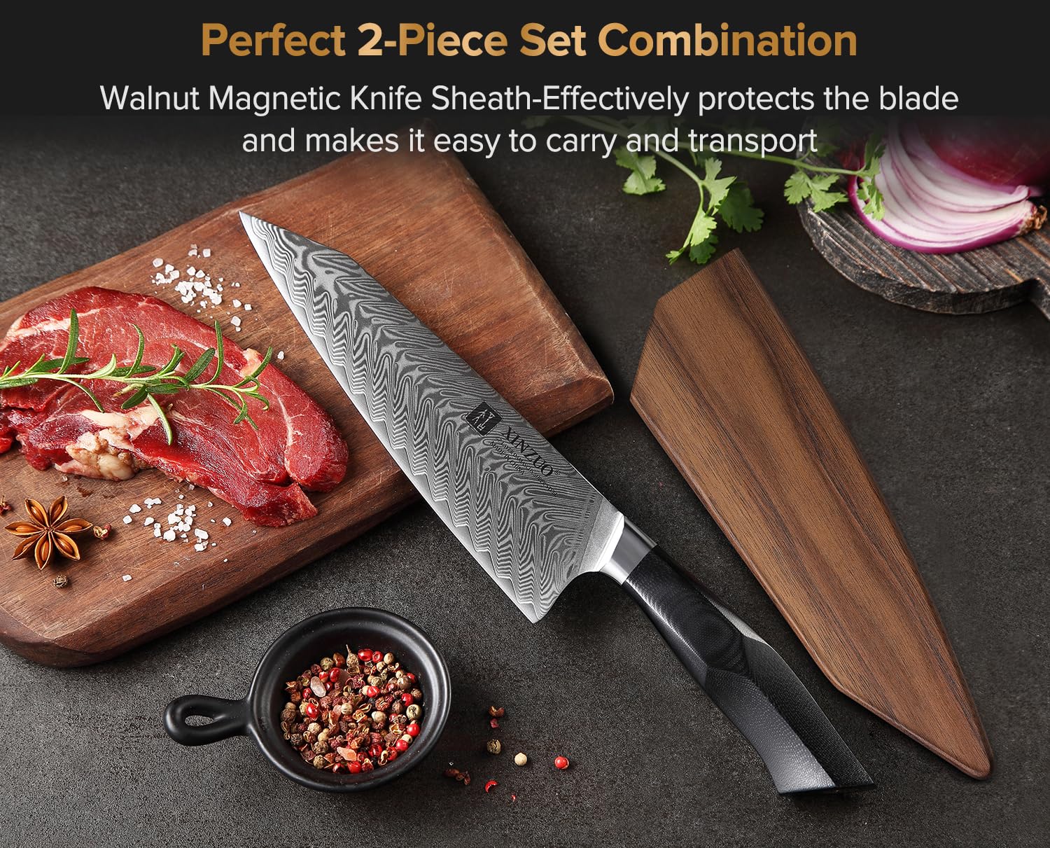 XINZUO Acero de Damasco Cuchillo Chef, 21.5cm Kiritsuke Cuchillo de Cocinero, Profesional Forjado de Gyuto Cuchillos de Cocina, Mango de Grado Militar G10, con Funda Magnética -Serie Feng