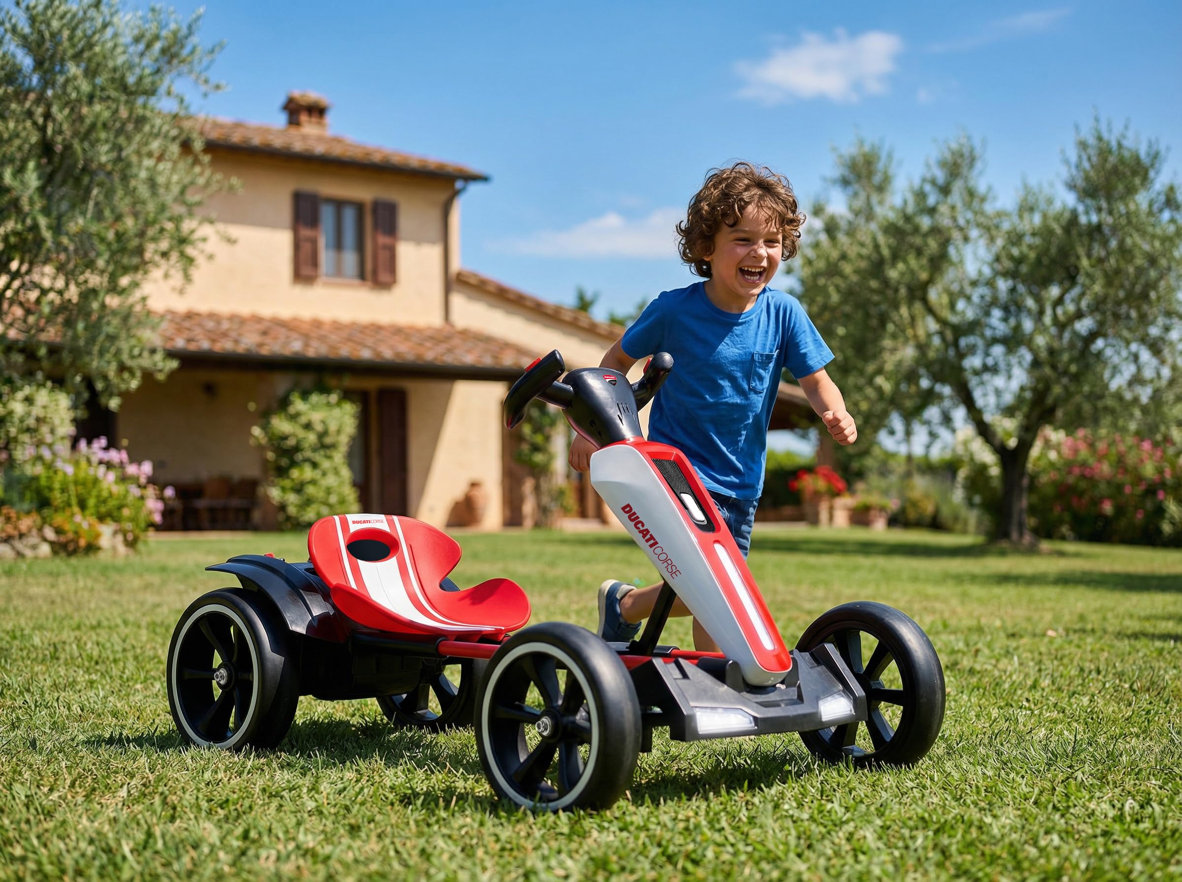 Ducati Corse Speed Kart - Kart elettrico per bambini e ragazzi pieghevole con luci e suoni, marcia avanti e indietro, 6 km/h, bianco e rosso