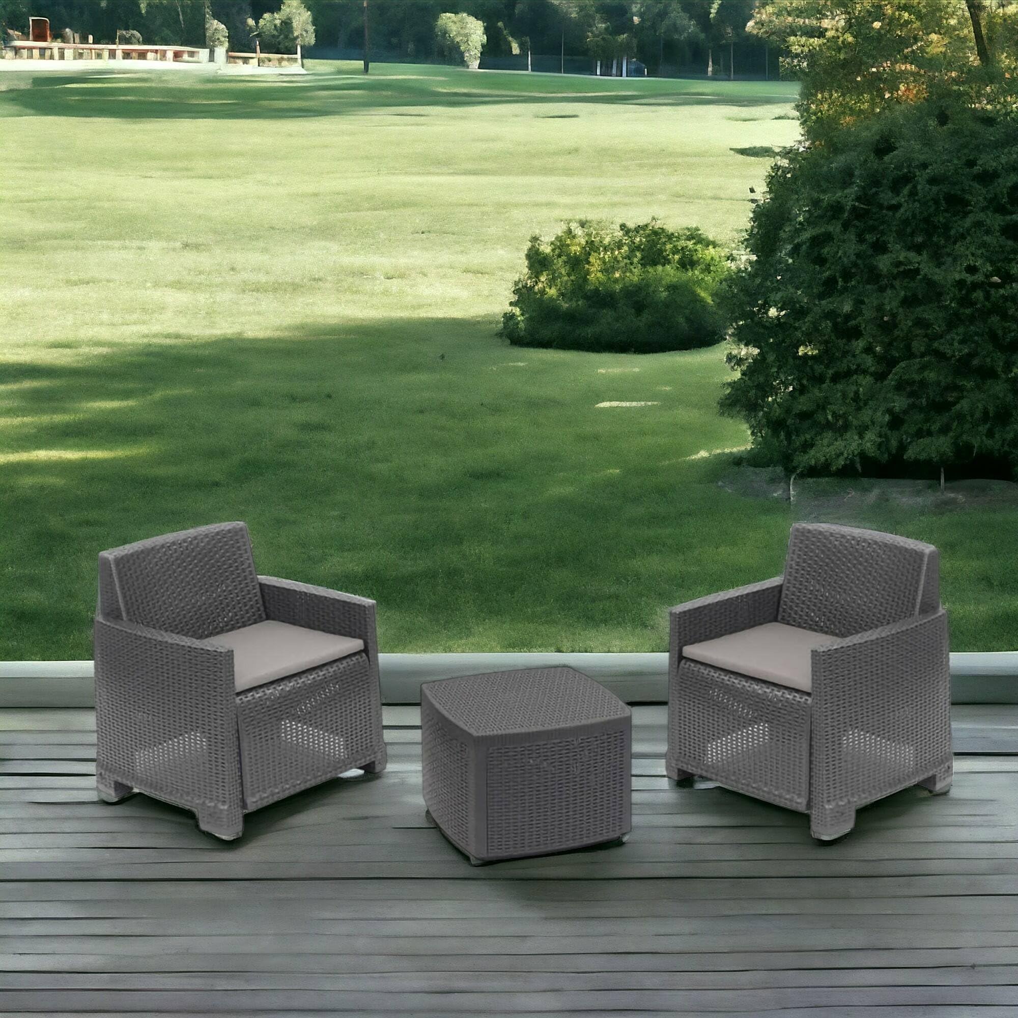 Dmora - Set Salotto da Esterno Laigueglia, con 2 poltrone e 1 tavolino, Effetto Rattan, 100% Made in Italy, Antracite