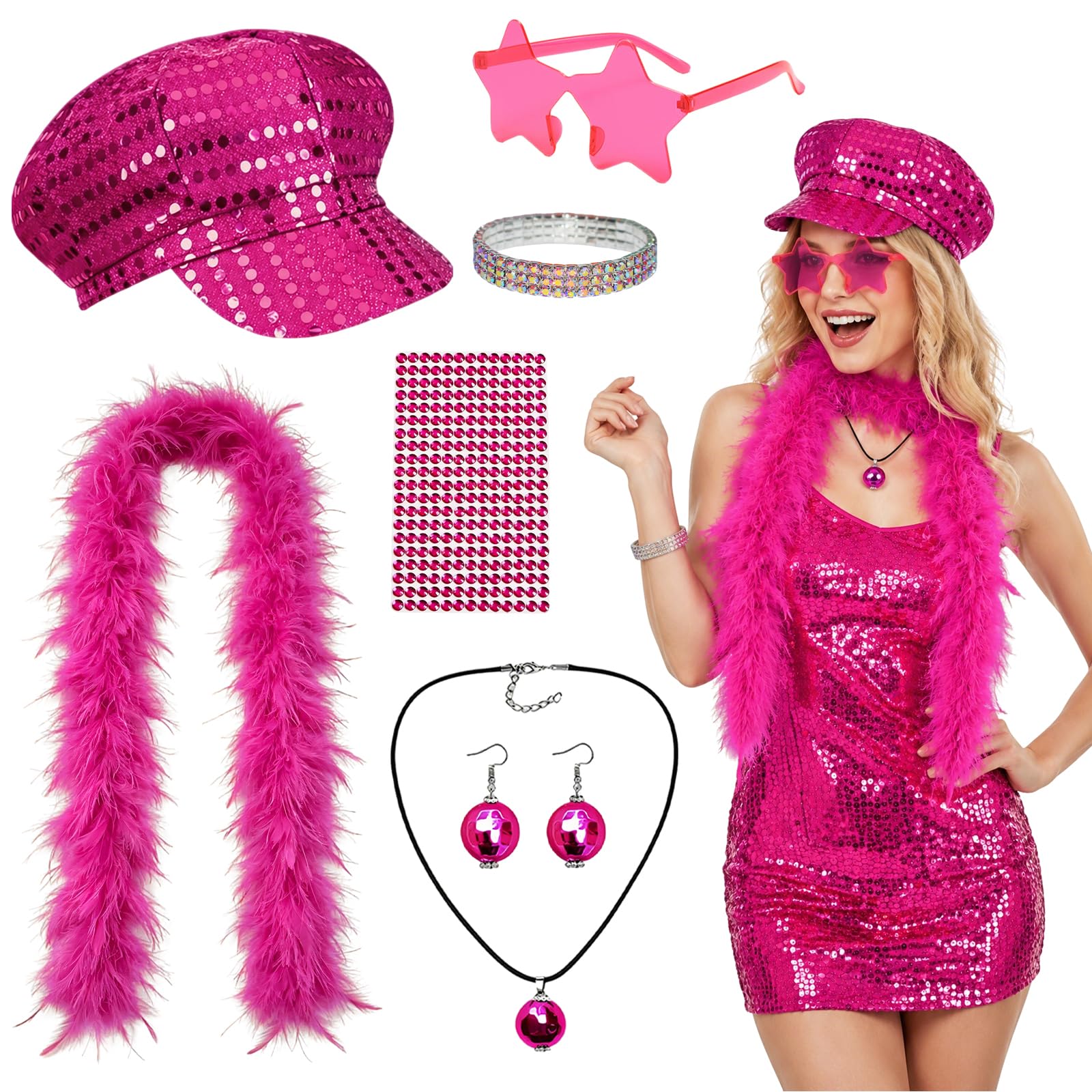 7Pcs Disco Fancy Dress Accessories Costume Set for Women Pink 70s Outfit