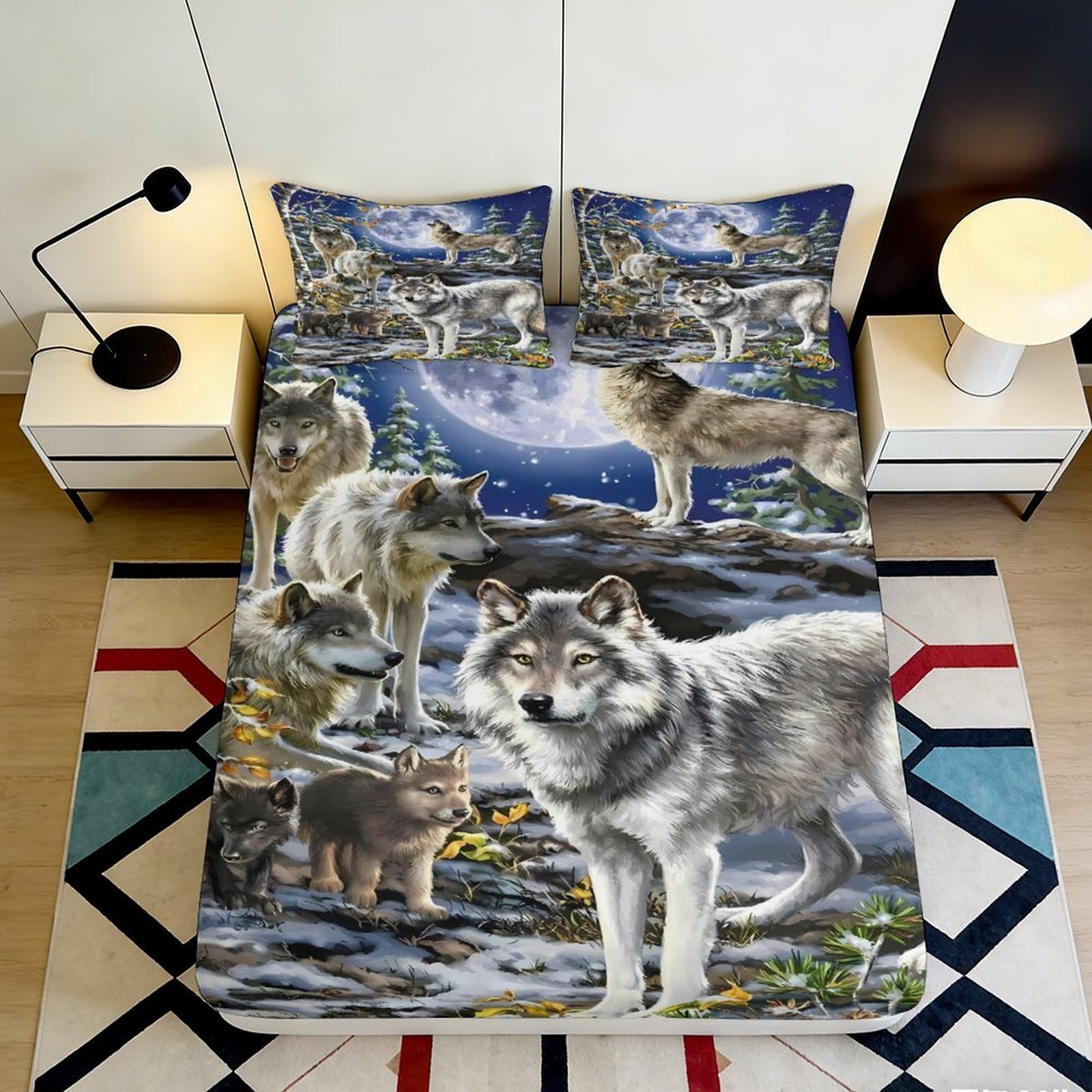 3D Printed Wolf Pack Fitted Sheet Microfiber Soft Durable Moonlight Bed Cover for Bedroom Dormitory Guest Room Mattress Protection Decor 180x200x25cm