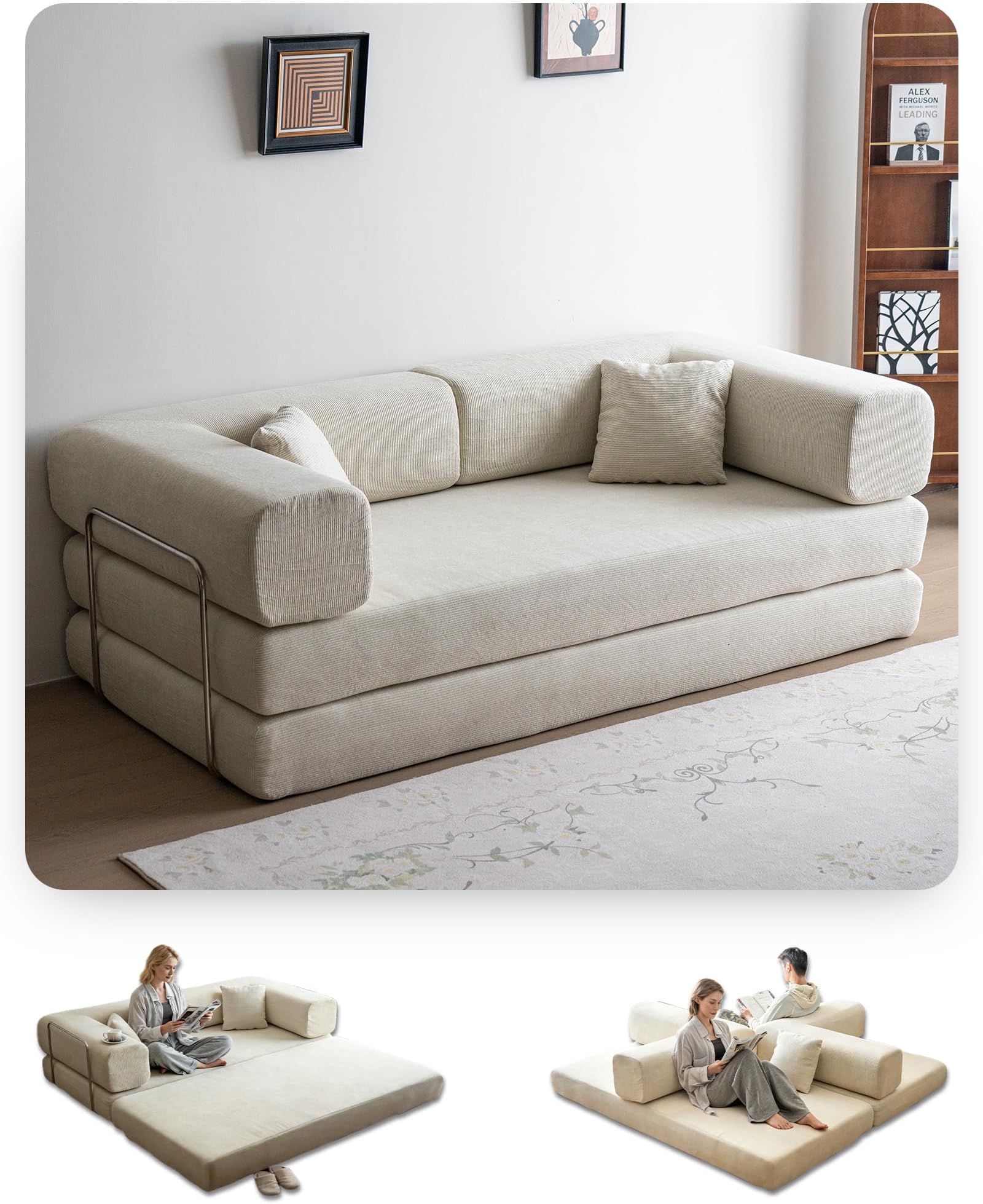No Assembly Convertible Sofa Bed & 79" Boneless Couch with Pocket , 5-in-1 Futon Sofa Bed with 2 Pillows Modular Pull Out Couch Bed with Frame,Compression in Box for Living Room Small Spaces Beige | Soft Corduroy Fabric, Sturdy Frame, Non-slip Bottom Base, Long-lasting Support, Removable Cover, Wide Armrests