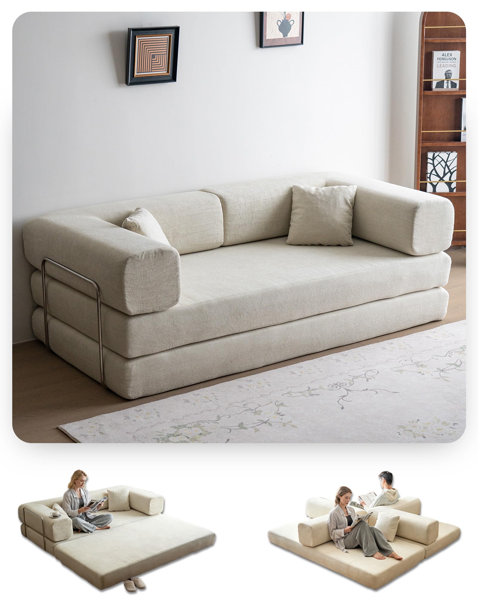 No Assembly Convertible Sofa Bed & 79" Boneless Couch with Pocket , 5-in-1 Futon Sofa Bed with 2 Pillows Modular Pull Out Couch Bed with Frame,Compression in Box for Living Room Small Spaces Beige | Soft Corduroy Fabric, Sturdy Frame, Non-slip Bottom Base, Long-lasting Support, Removable Cover, Wide Armrests