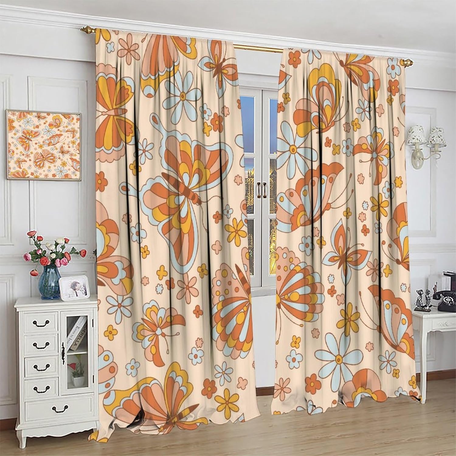 Retro 70s 60s Floral Curtains Hippie Summer Groovy Butterfly Flower Power Flower Boho Blackout Window Drapes for Bedroom Living Room Kitchen Cafe Decor （W21xL63 Inch） x2 Panels