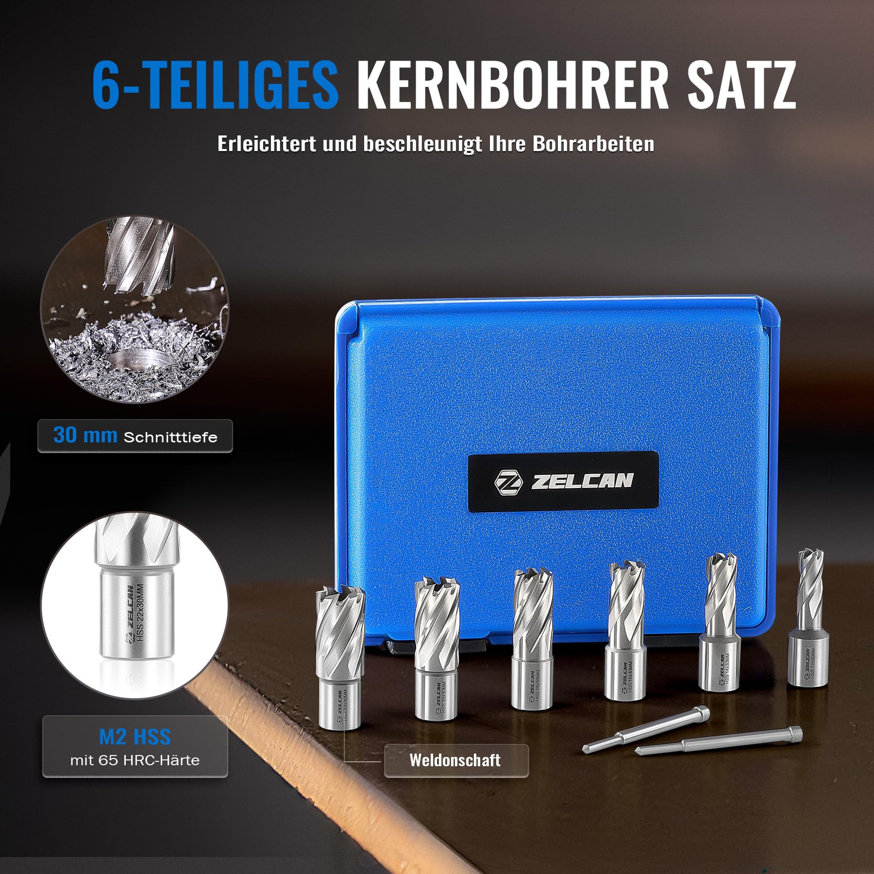 ZELCAN Kernbohrer-Satz HSS mit Weldonschaft (3/4") Schnitttiefe 30 mm Beinhaltet 6 Kernbohrer 12, 14, 16, 18, 20, 22 mm und 2 Auswerferstift, 8-teilig