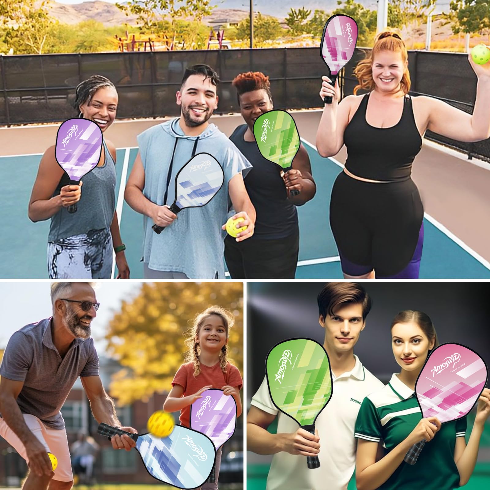 Pickleball Paddles Set of 4, Wood Pickle Ball Racket with 4 Balls, Pickleball Starter Set for Men & Women