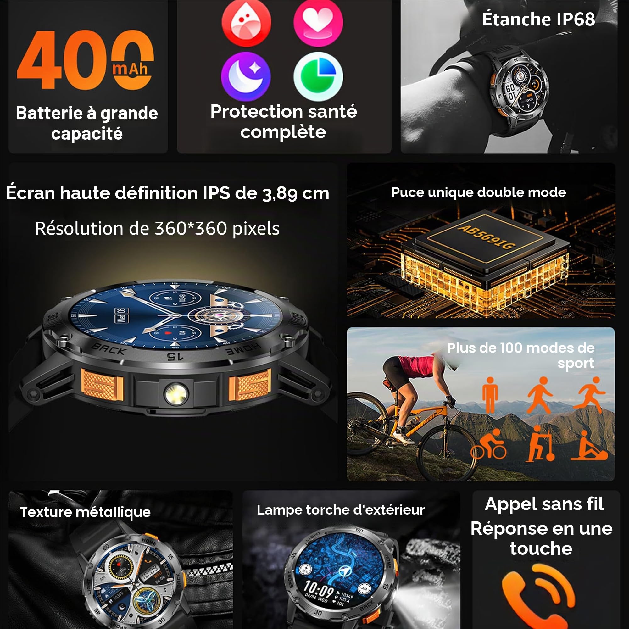 Montre intelligente pour homme Bluetooth 400 mAh Grande batterie AMOLED 5 ATM Fitness SpO2 Podomètre pour iOS