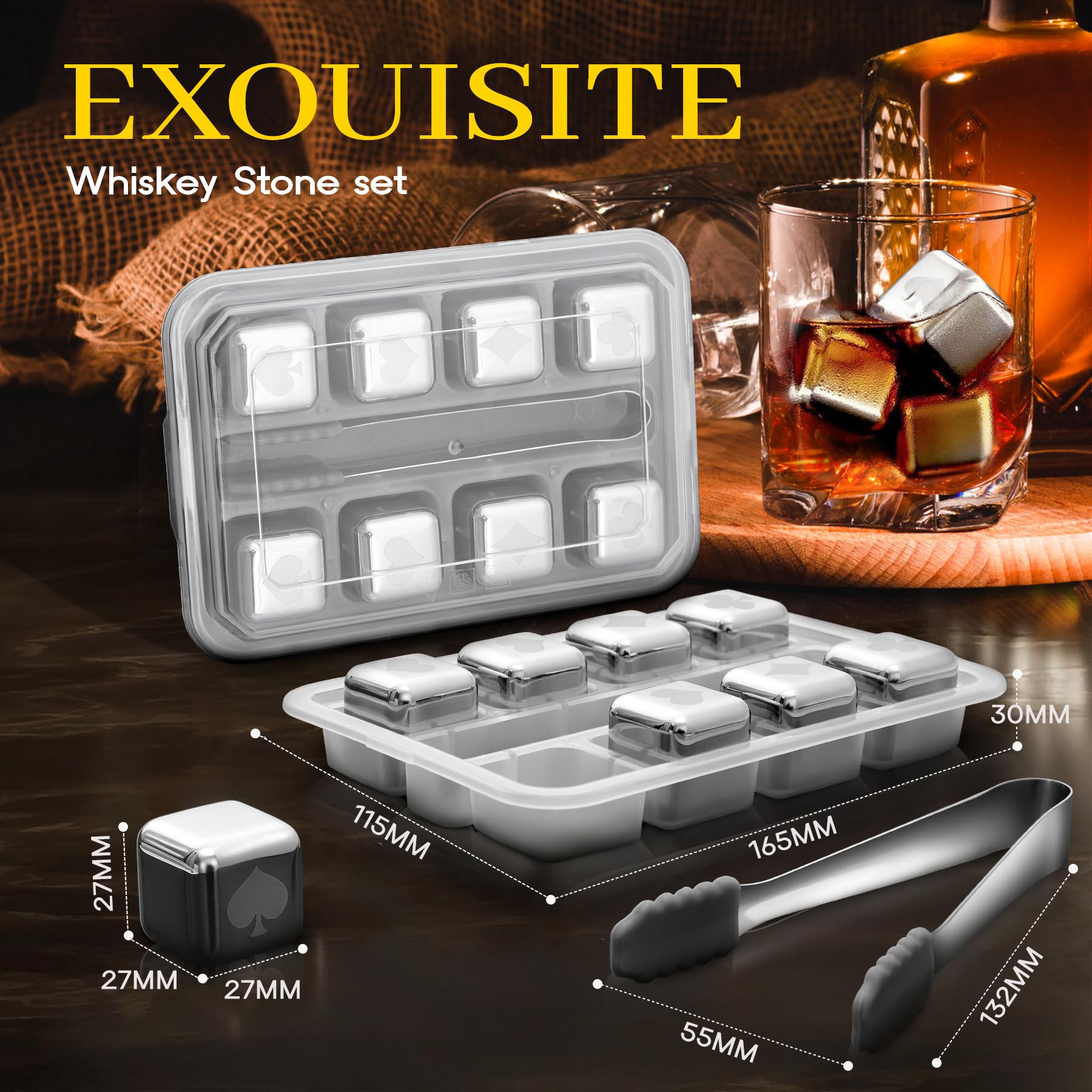 16 Stück Edelstahl Eiswürfel - Wiederverwendbare Eiswürfel - Rostbeständiger Metallstein zum Kühlen von Wein, Whiskey, Cola und Saft usw - ohne zu Verdünnen - 2,7x2,7x2,7 cm, Pokerstil