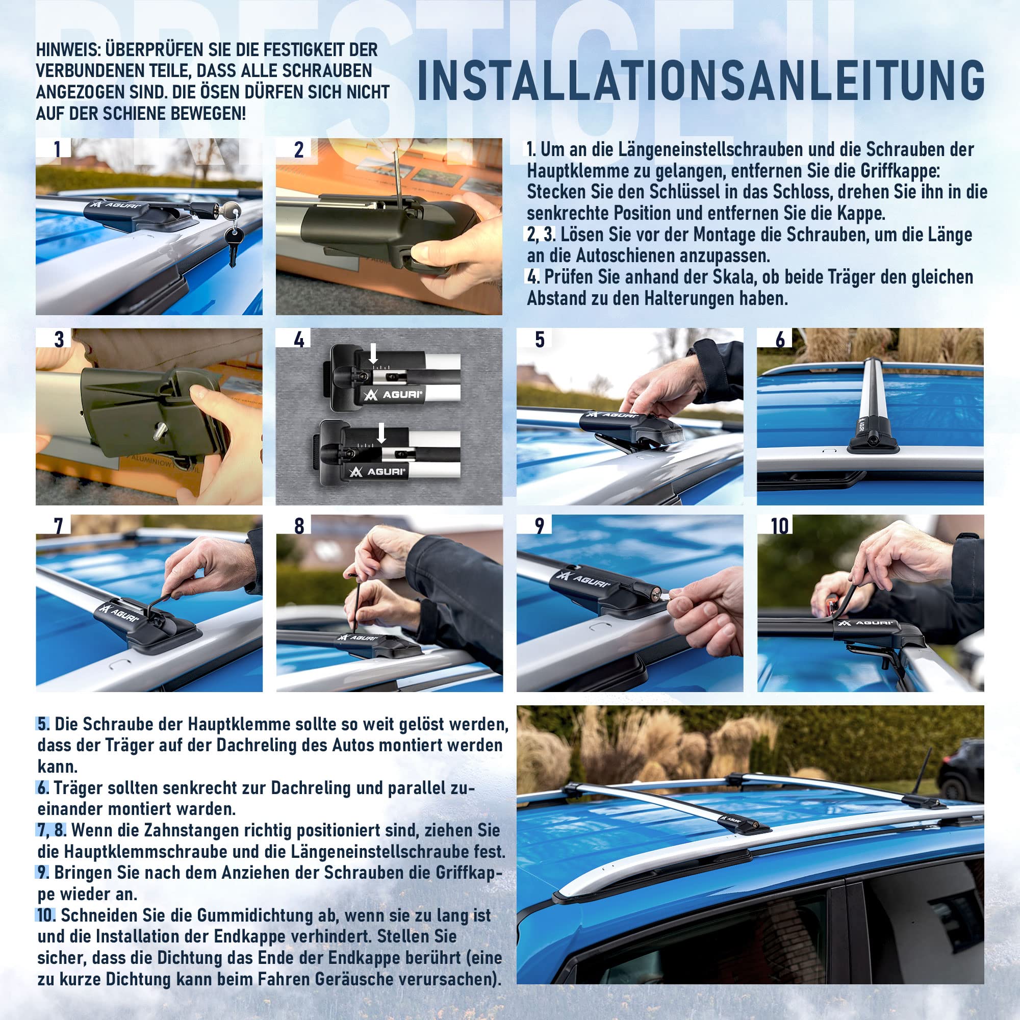 AGURI Prestige II | Kompatibel mit Ford Kuga 2012-2019 | Dachgepäckträger Dachträger | Geeignet zur Befestigung von Dachboxen, Fahrradträger, Leiter | Robuste Konstruktion aus Alu | TÜV