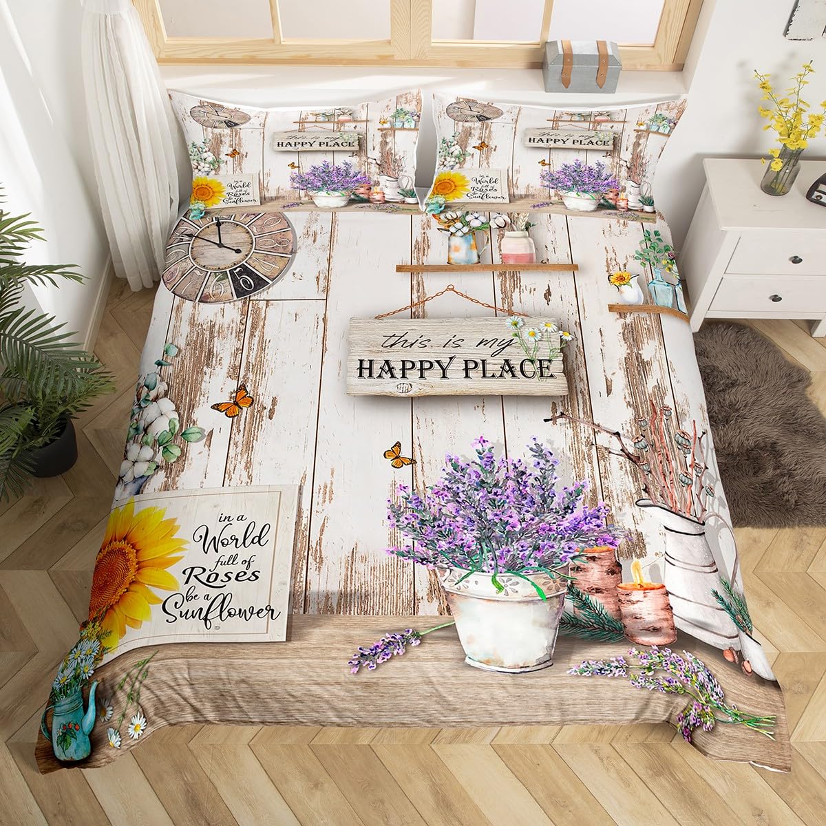 feelingyou Farmhouse Theme Duvet Cover,Kids Yellow Sunflowers Bedding Set,Butterfly Comforter Cover for Boys Girls Room Decor,Rustic Wooden Lightweight Bedspread Cover Single Size with 1 Pillow Case