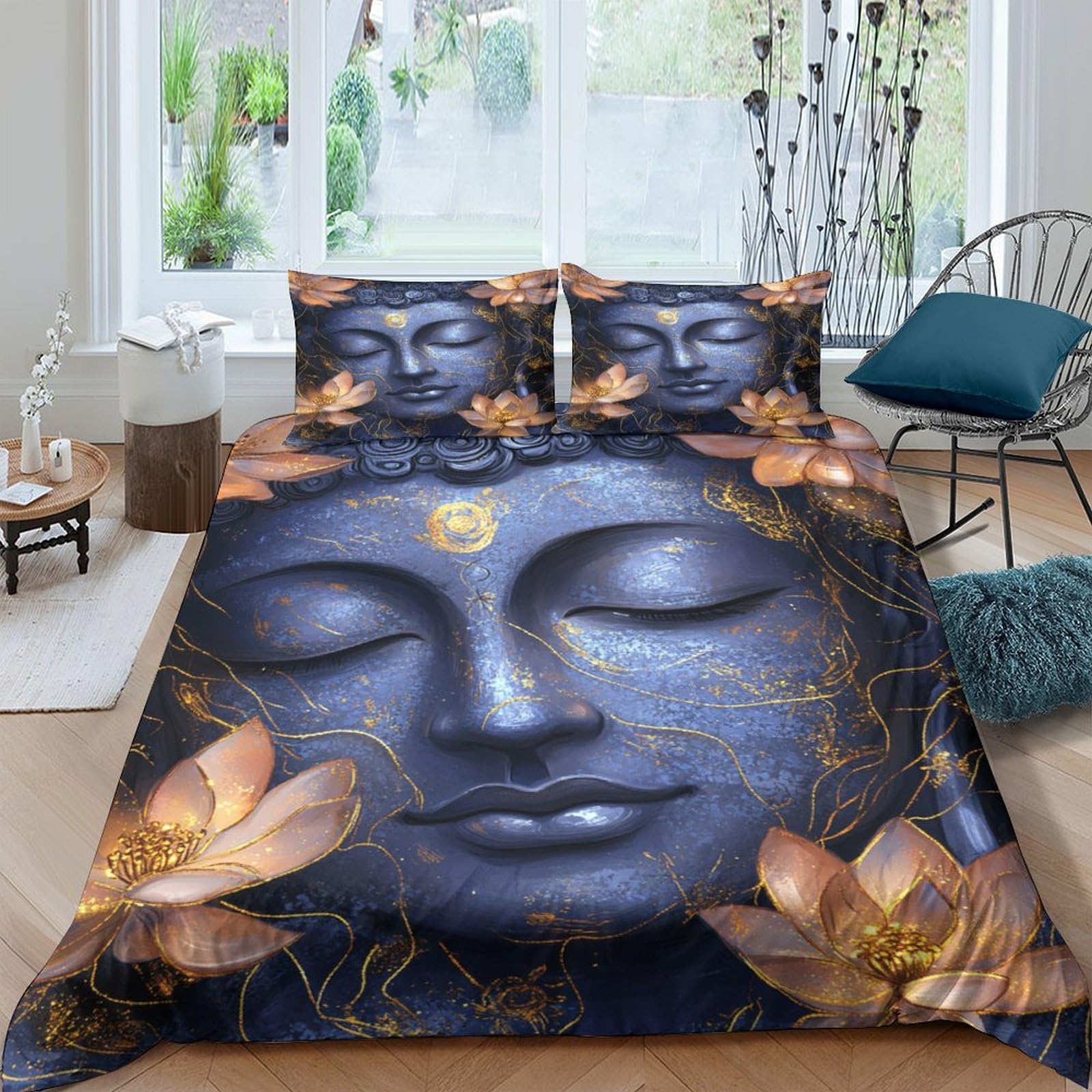 GPLZQXKJNH 3D Printed Buddha Lotus Duvet Cover Microfiber Soft Breathable Zen Meditation Bedding Set with 2 Pillowcases for Bedroom Decor, Single（135x200cm）