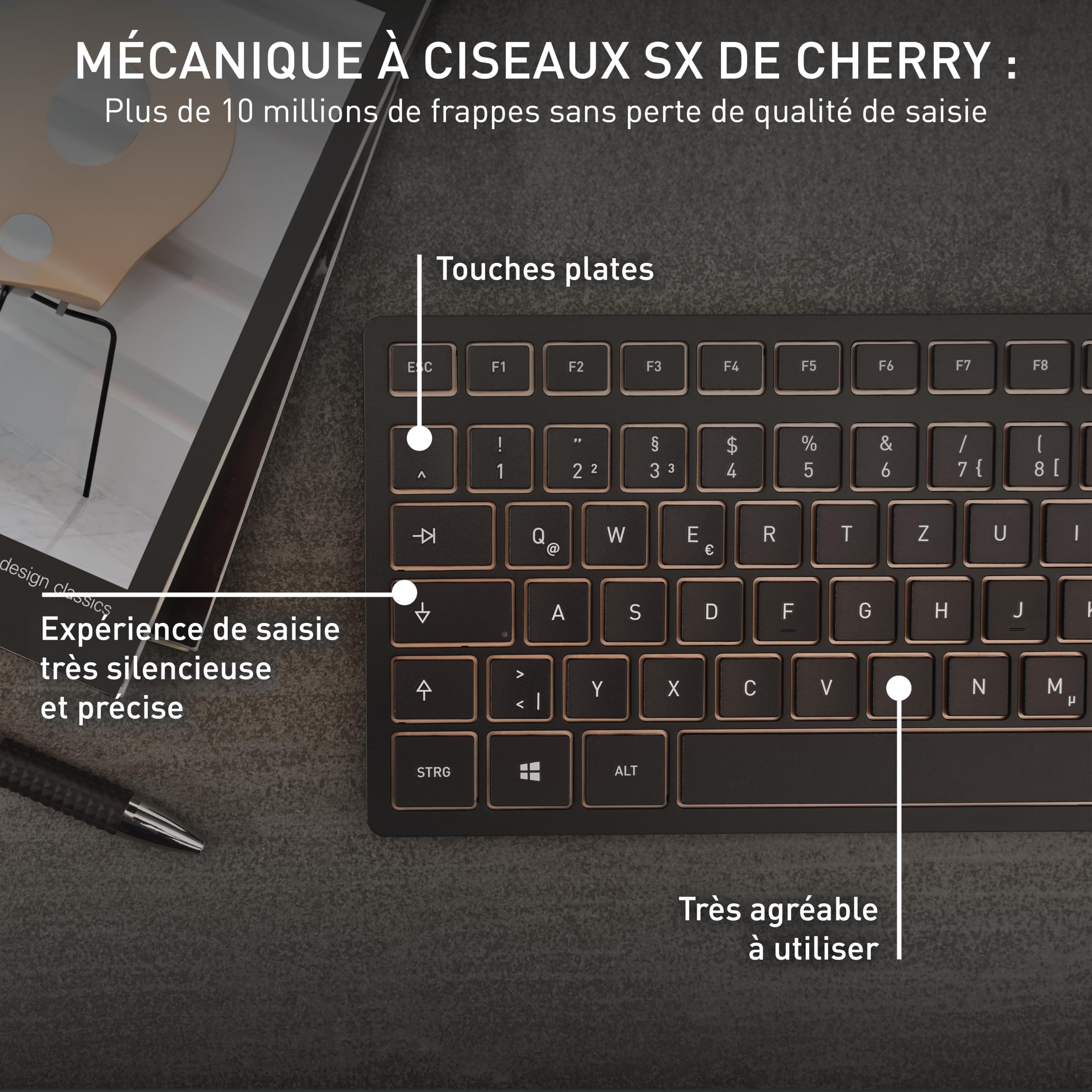 CHERRY DW 9100 Slim, Ensemble Clavier et Souris sans Fil, Disposition française (AZERTY), Bluetooth et Radio 2,4 GHz, Touches silencieuses, Rechargeable, Noir Bronze
