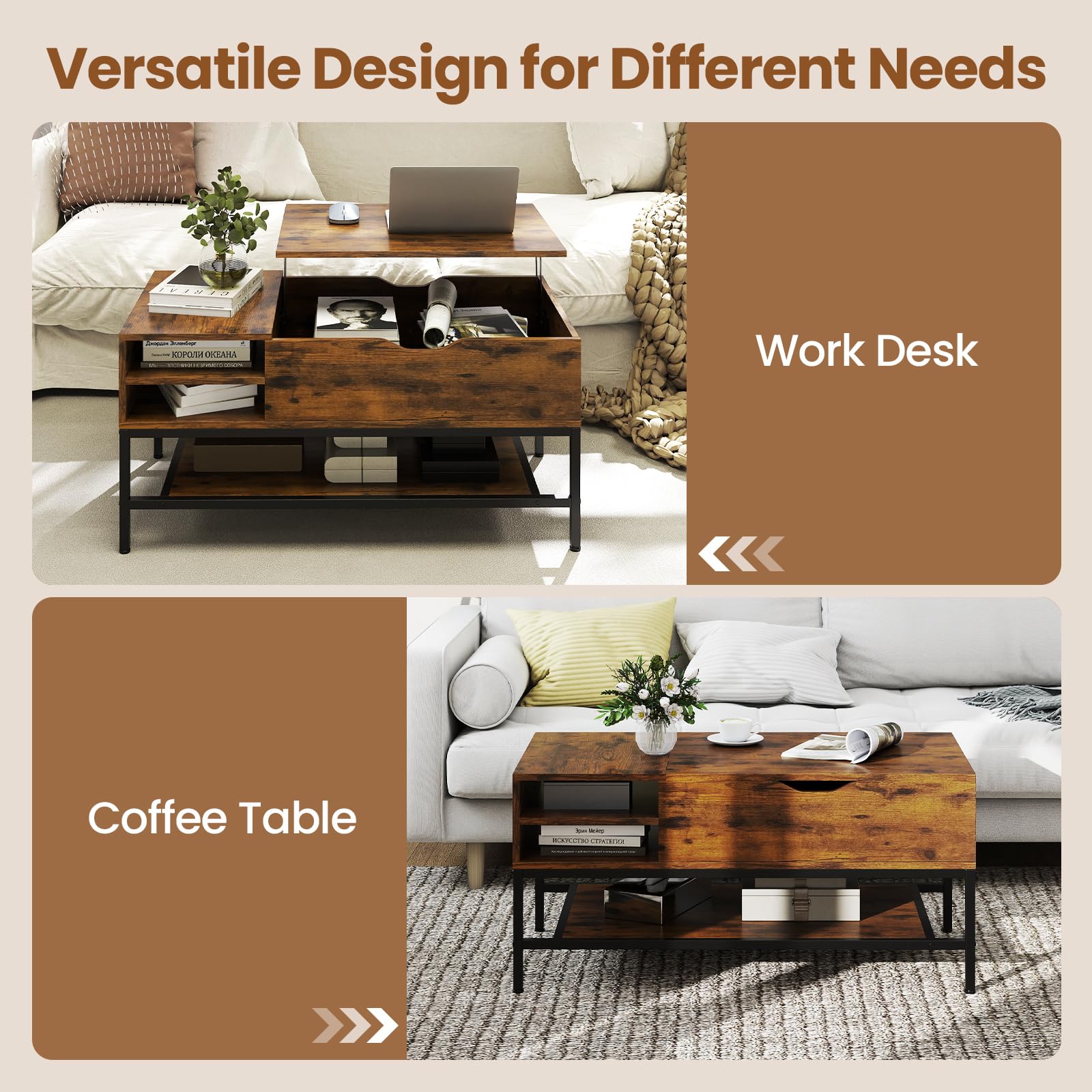 GIANTEX Couchtisch Höhenverstellbar, Wohnzimmertisch mit Stauraum, Tisch Wohnzimmer mit Offenem Fach & Ablagefach, Sofatisch Kaffeetisch Holz Metallrahmen, Beistelltisch Couch Tisch 100x49,5x47,5 cm