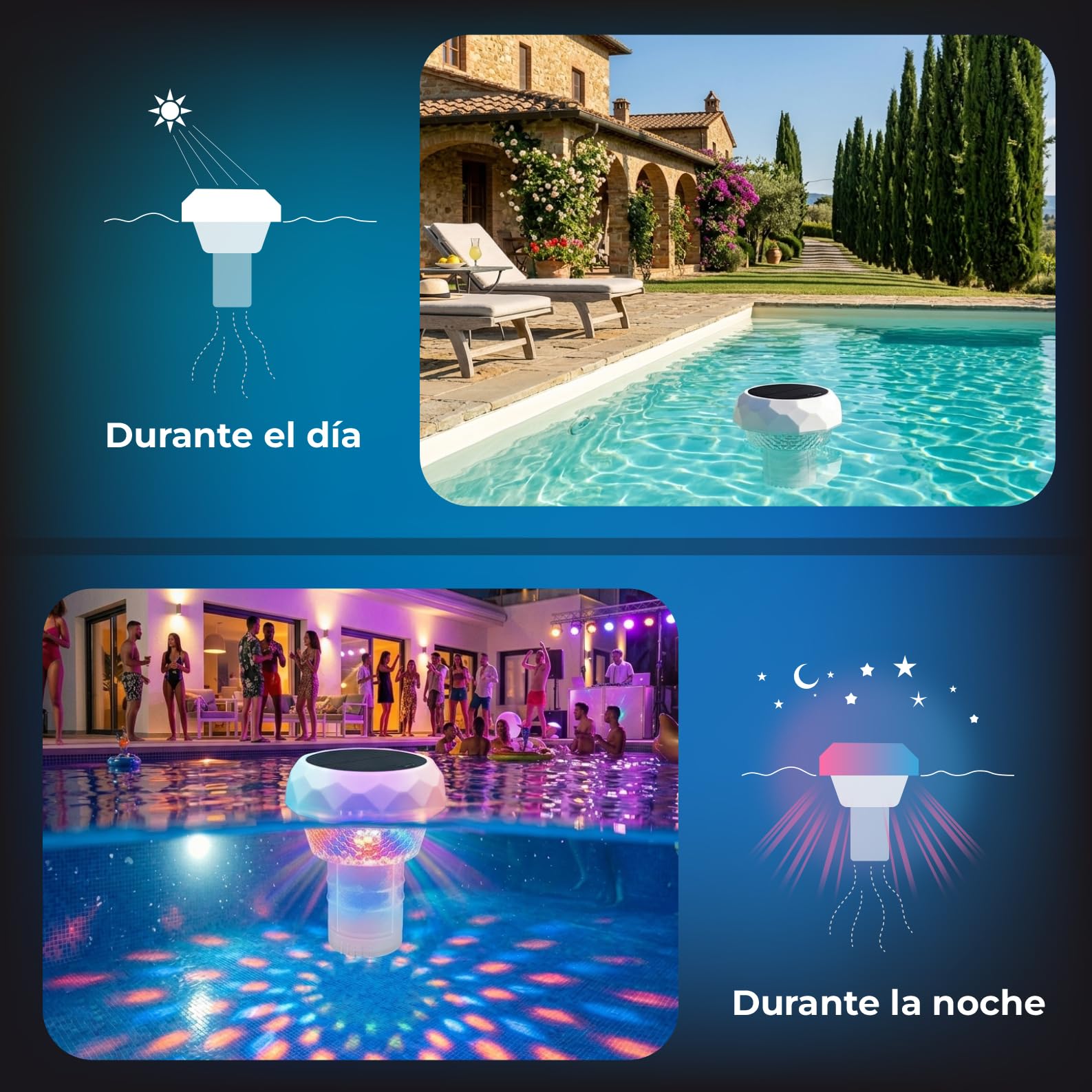 LED ATOMANT Dosificador Cloro Piscina Flotante con Luz Solar LED, Dispensador Cloro con Mando a Distancia, Luces Sumergibles RGB, Temporizador, IP68 Impermeable, Luces Flotantes para Jardin