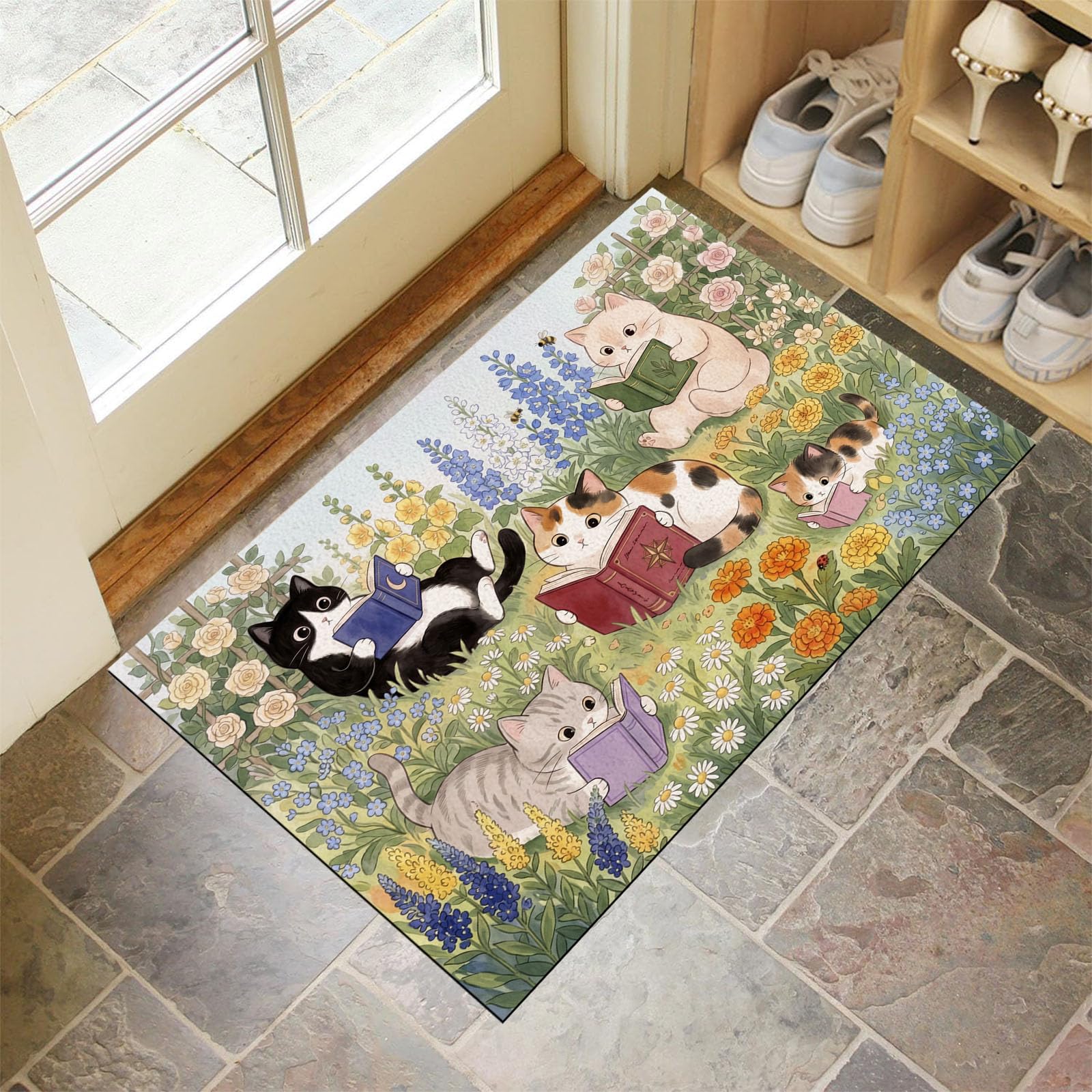 Felpudo Ultrafino Para Interiores,90X150Cm,Jardín De Gatos Campestres Alfombra Antideslizante Lavable Para Entrada,Animales Divertidos Para Leer Felpudo De Perfil Bajo,Atrapa Suciedad,Verde Salvia
